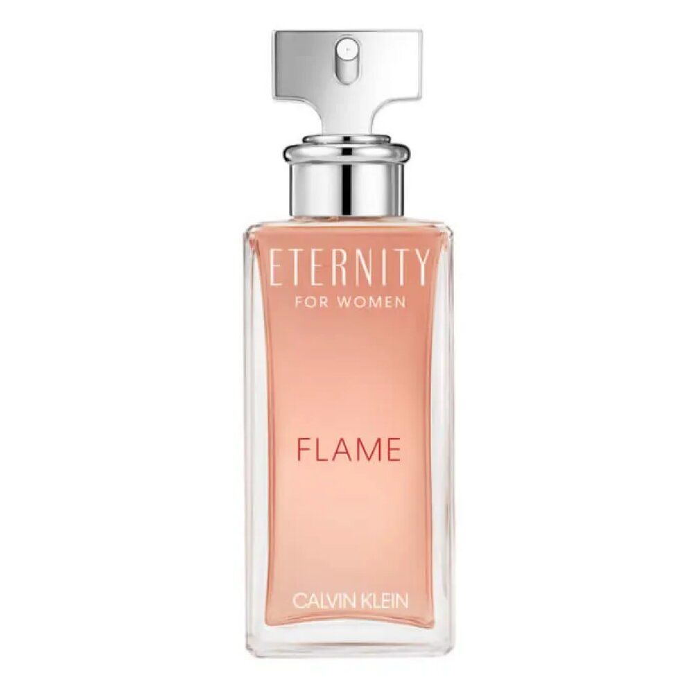 Eternity Flame fles. Rechthoekige glazen fles met zilveren dop. Roze vloeistof zichtbaar.