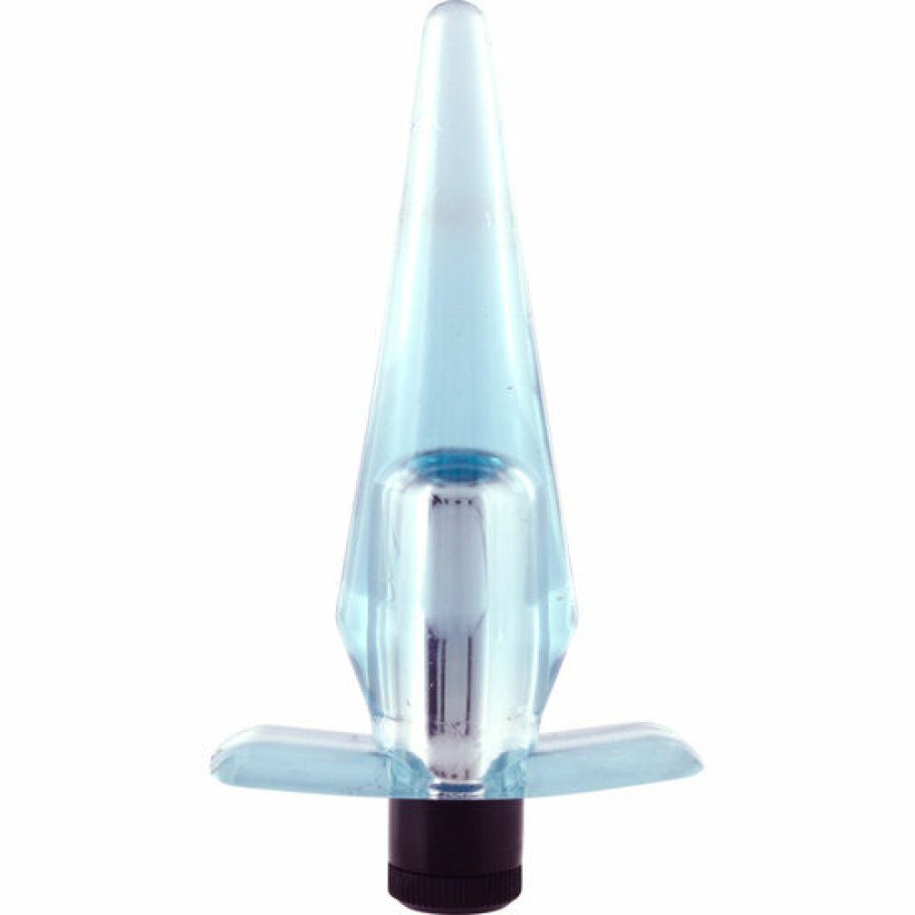 Lichtblauwe anale plug met conische punt, zilverkleurig middengedeelte en basis. Met handvat met vier vleugels.