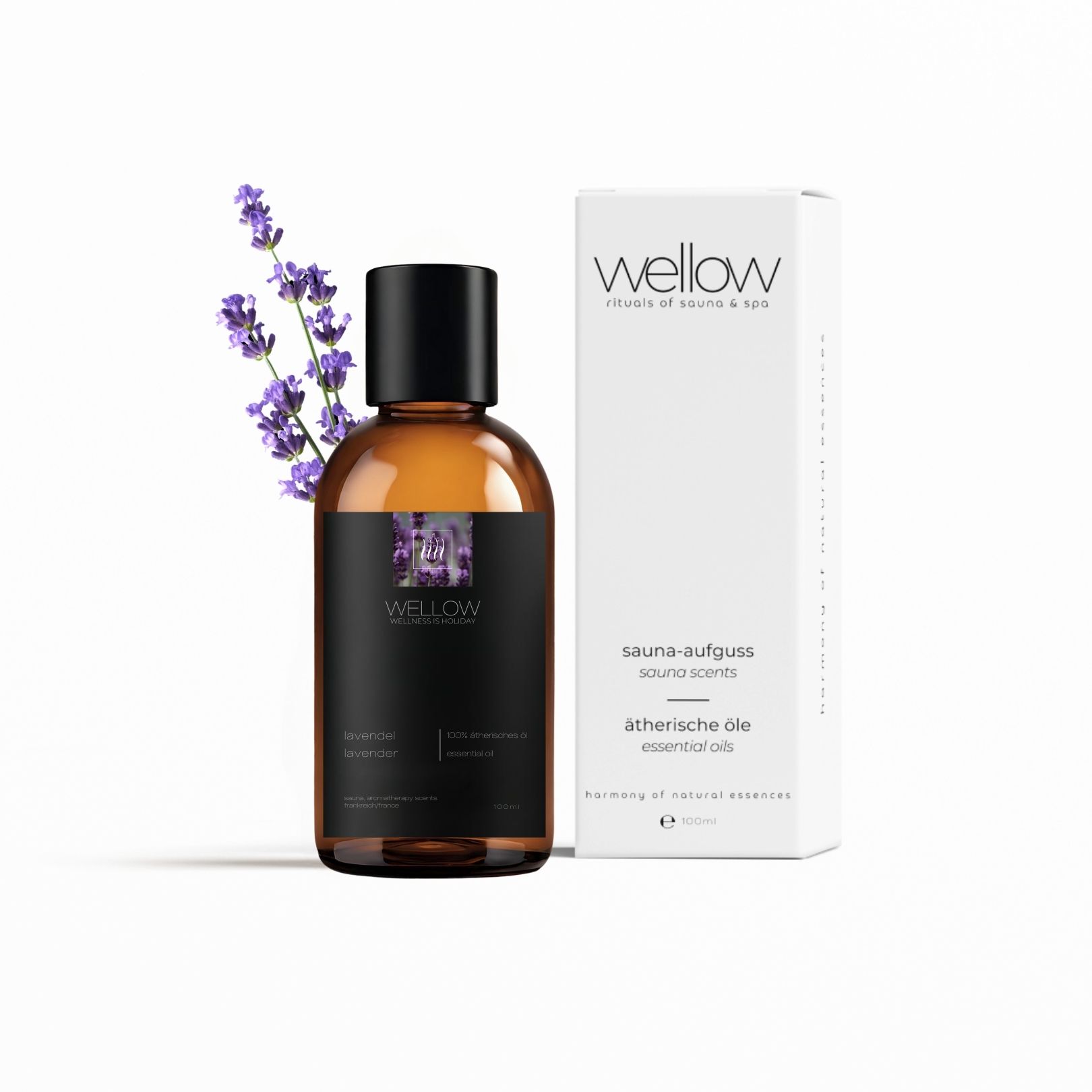 Bruine glazen fles en doos met "Wellow" logo en lavendel tak. Opschrift: Essentiële olie lavendel.