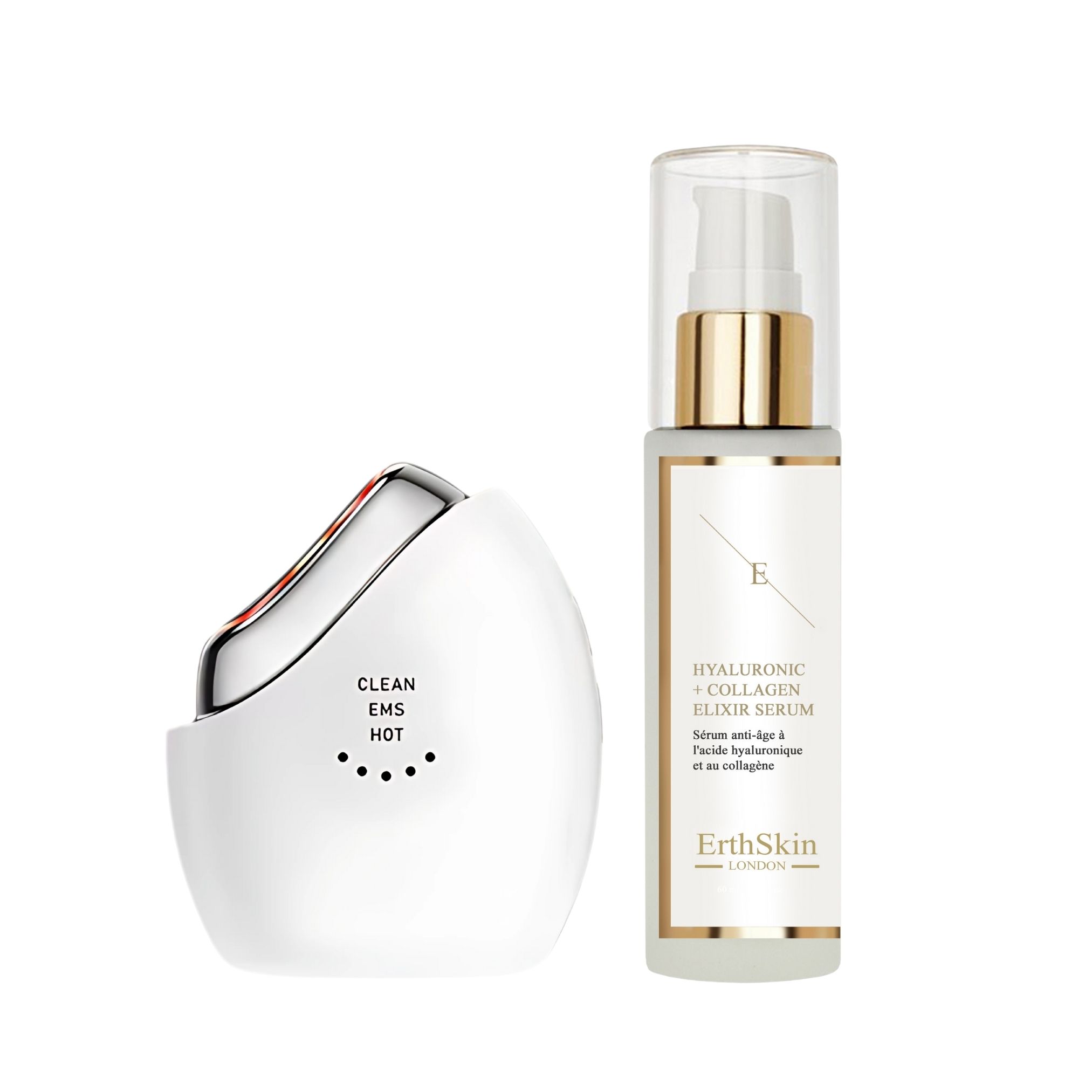 Appareil blanc et sérum. Sculptor avec détails argentés. Sérum avec bouchon doré. Inscription: ErthSkin, Hyaluronic + Collagen Elixir Serum.
