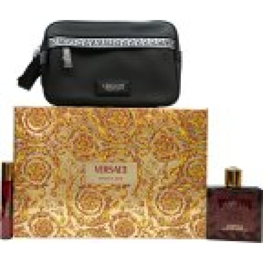 Geschenkdoos, toilettas, fles en roller. Tekst: Versace Eros Flame. Gouden doos.