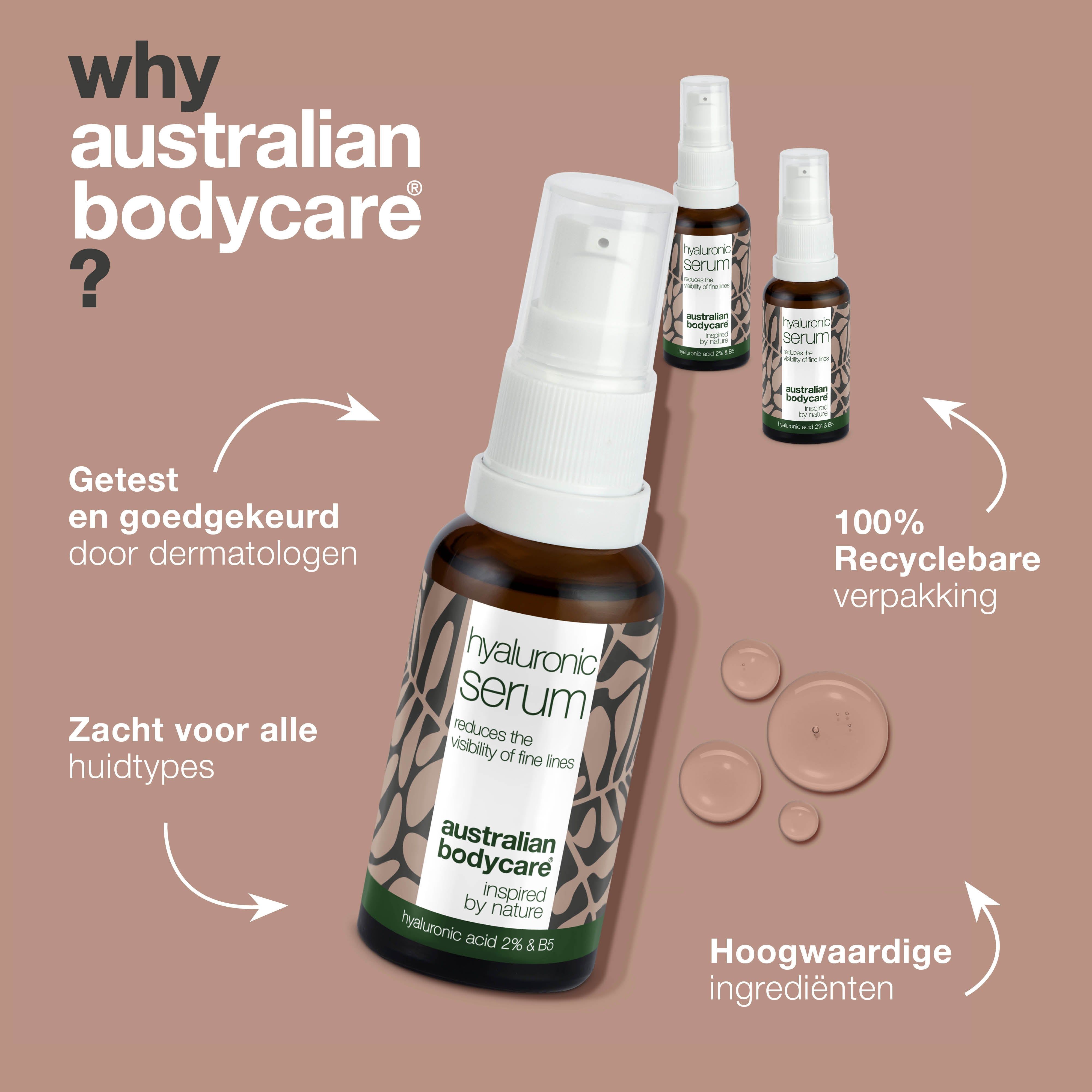 Productpresentatie met serumflessen. Opschrift: Hyaluronic Serum, Australian Bodycare.