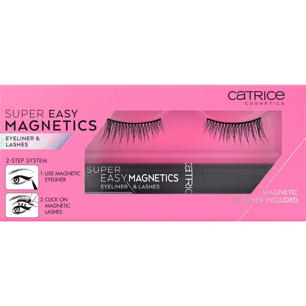 Roze verpakking met valse wimpers en magnetische eyeliner. Tekst: Super Easy Magnetics, Eyeliner & Lashes, Magnetic Eyeliner included.
