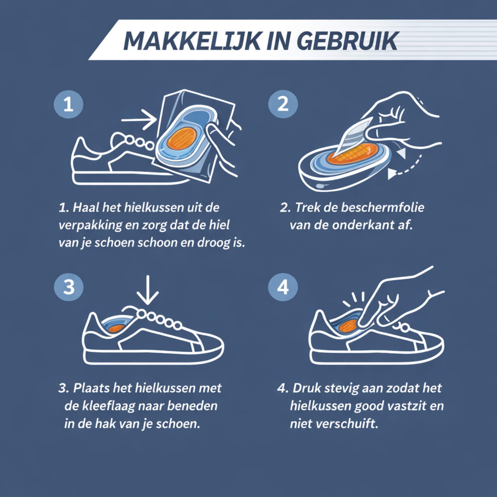 Twee blauwe hielkussens met "TREBIN"-logo, één met oranje gel-inzet en blauwe randen.