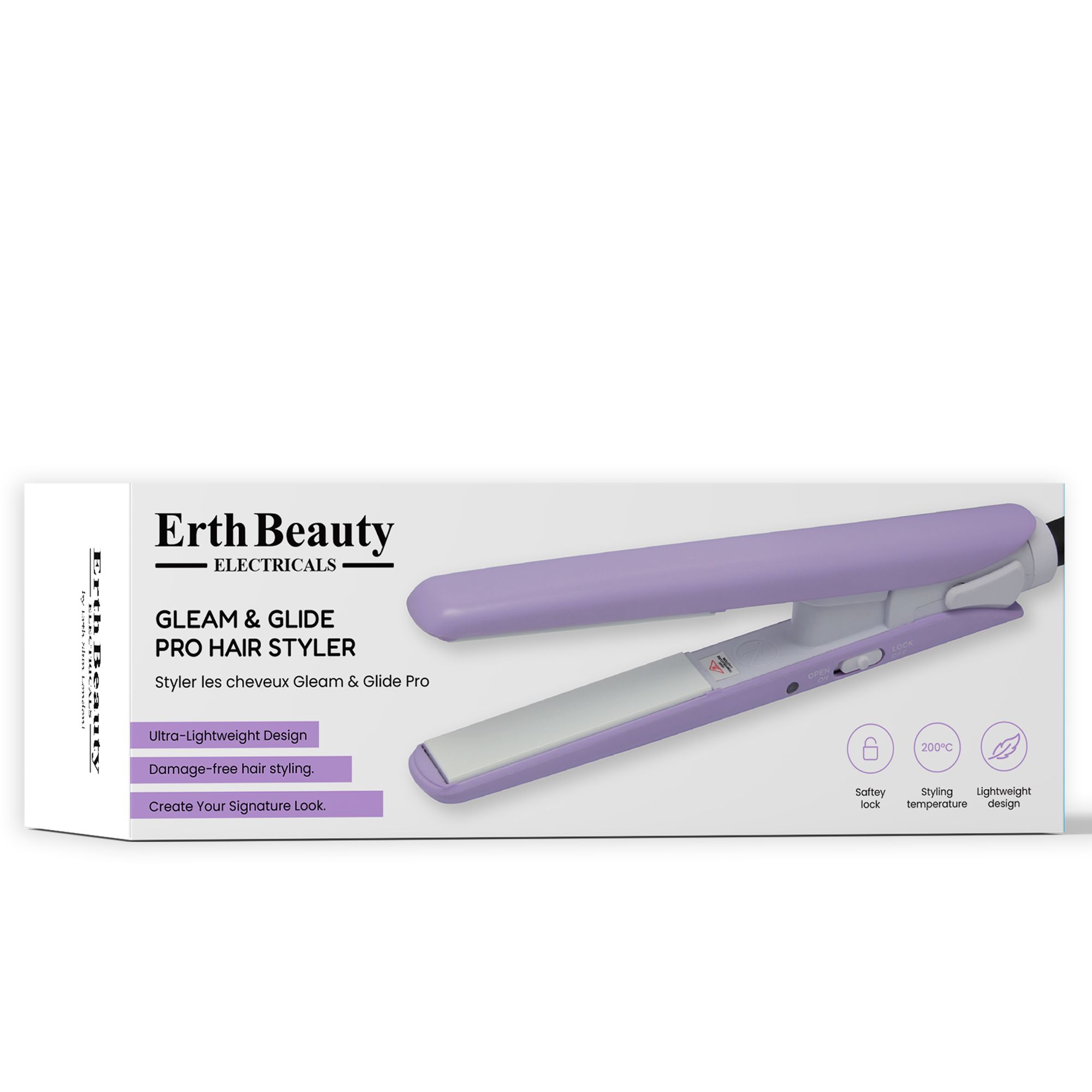 Haarstijltang in verpakking. Erth Beauty, Gleam & Glide Pro Hair Styler. Paars en wit. Ultralicht ontwerp, schade-vrije styling.
