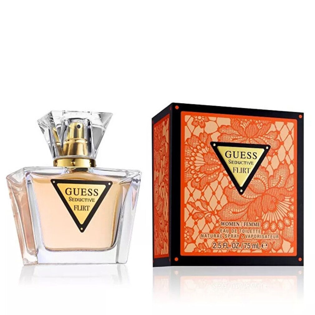 Guess Seductive Flirt fles en verpakking. Fles met gouden sluiting. Oranje verpakking met bloemmotief en logo.