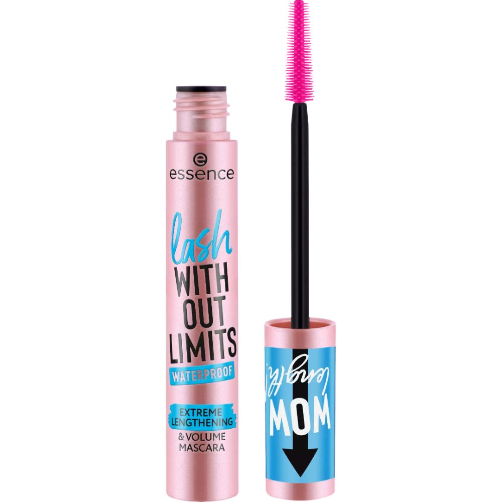 Tube de mascara rose et brosse. Texte: essence, lash WITH OUT LIMITS WATERPROOF, EXTREME LENGTHENING & VOLUME MASCARA. Brosse: MOM length.