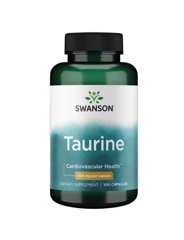 Bouteille verte de capsules de Taurine Swanson, 500 mg par capsule, 100 capsules.
