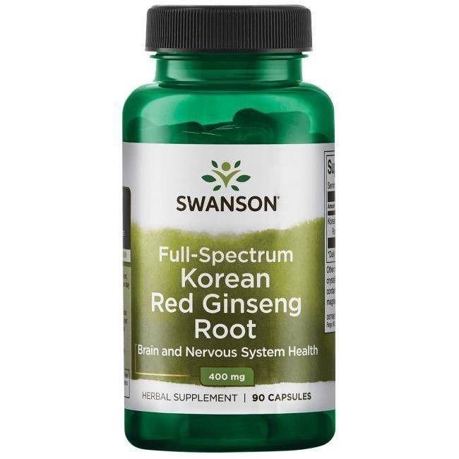 Flacon vert avec bouchon noir. Inscription: SWANSON, Racine de ginseng rouge coréen, 400 mg, 90 gélules. Complément alimentaire.