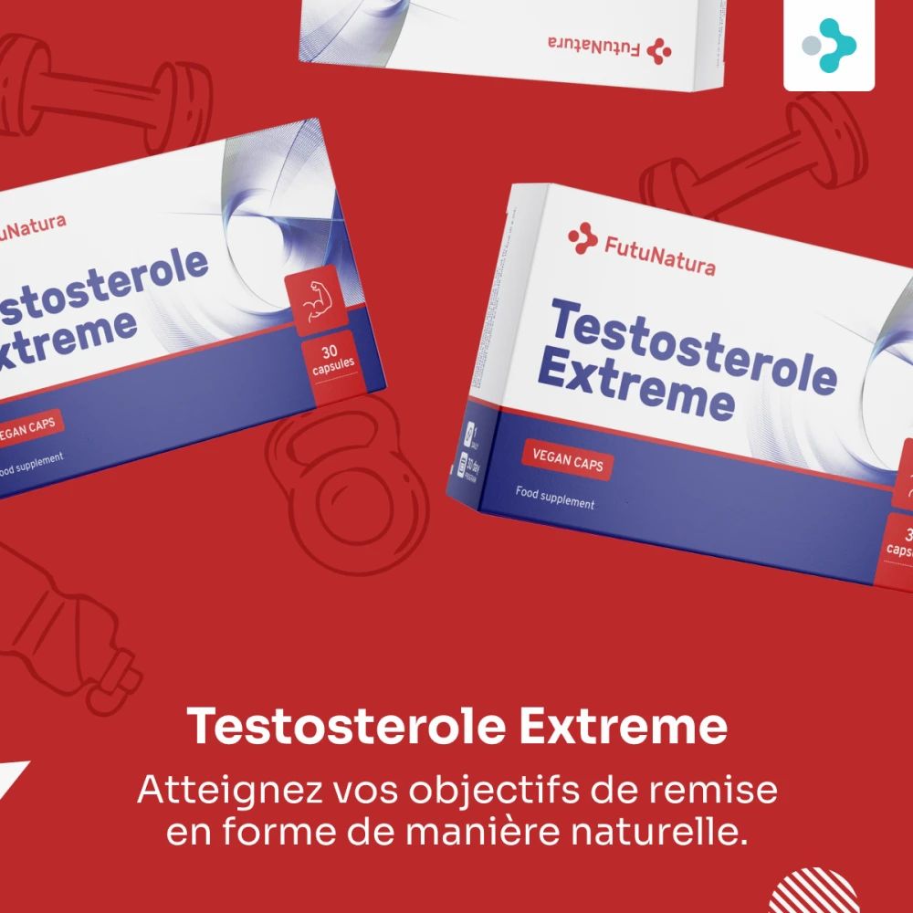 FutuNatura Testosterole Extreme, 30 gélules. Deux emballages sur fond rouge. Texte : Atteignez vos objectifs de remise en forme de manière naturelle.