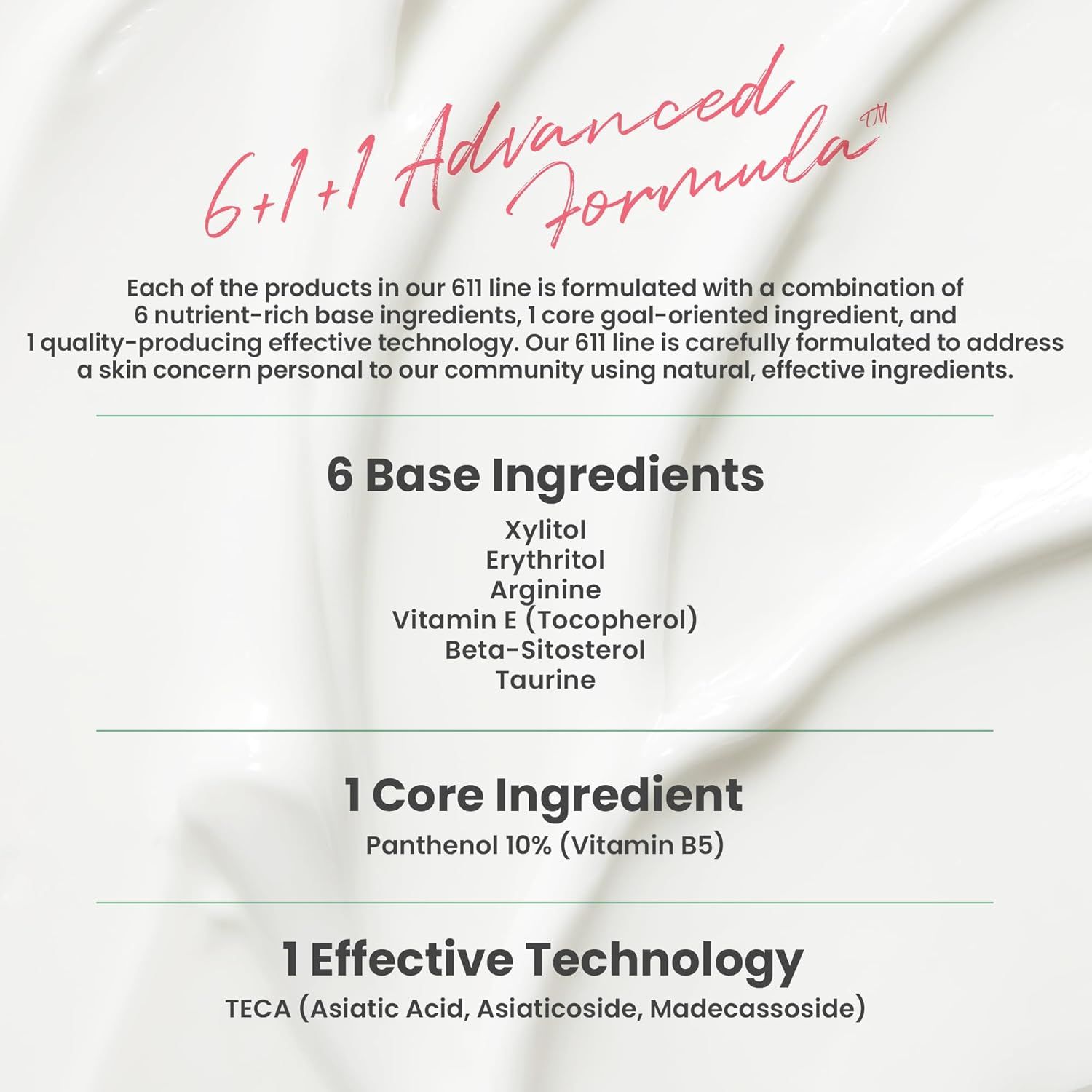 Tekst: '6+1+1 Advanced Formula'. 6 basisingrediënten, 1 kerningrediënt, 1 effectieve technologie.