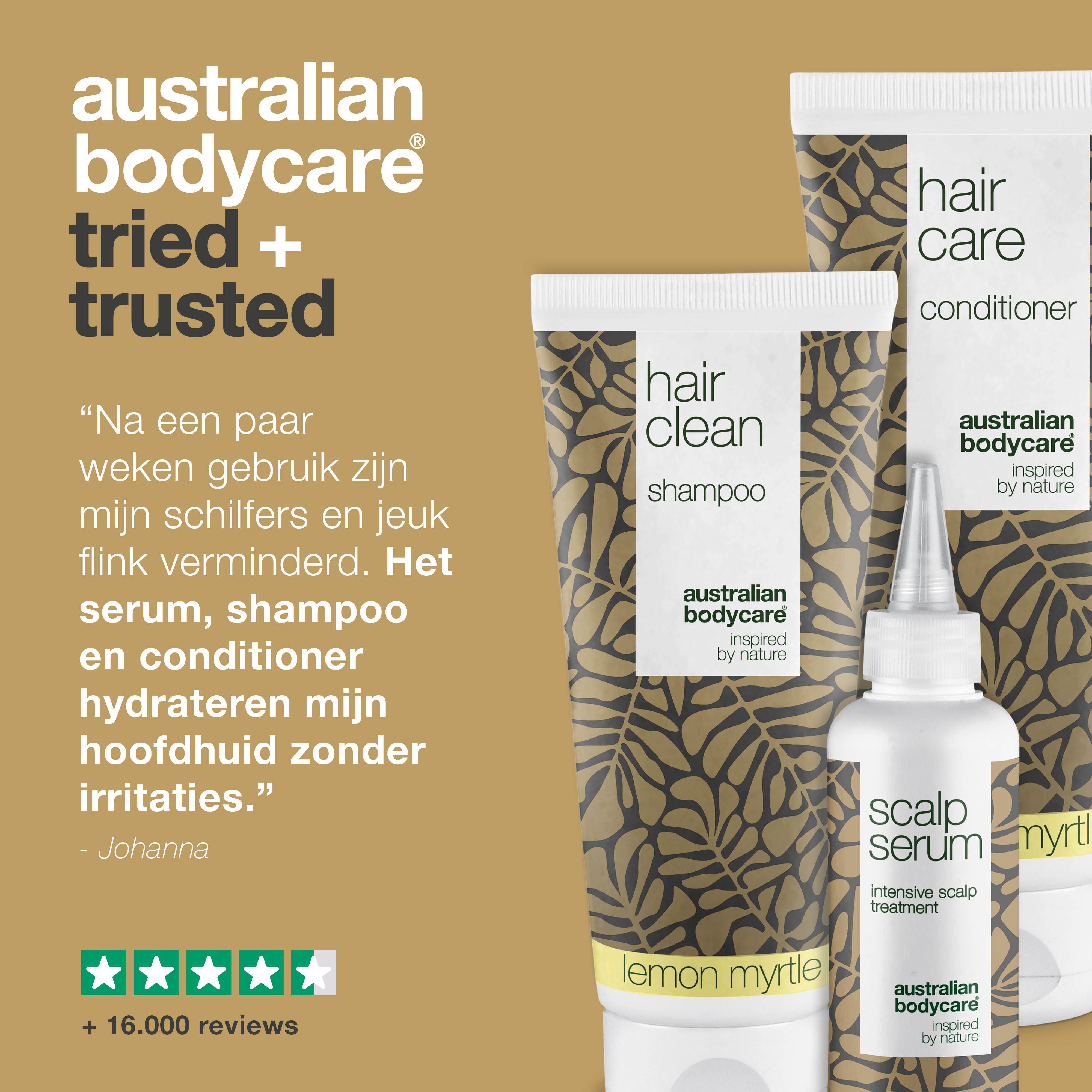 Australian Bodycare: getest en vertrouwd. Shampoo, conditioner en serum. Tekst: getuigenis. Logo en sterrenbeoordeling.
