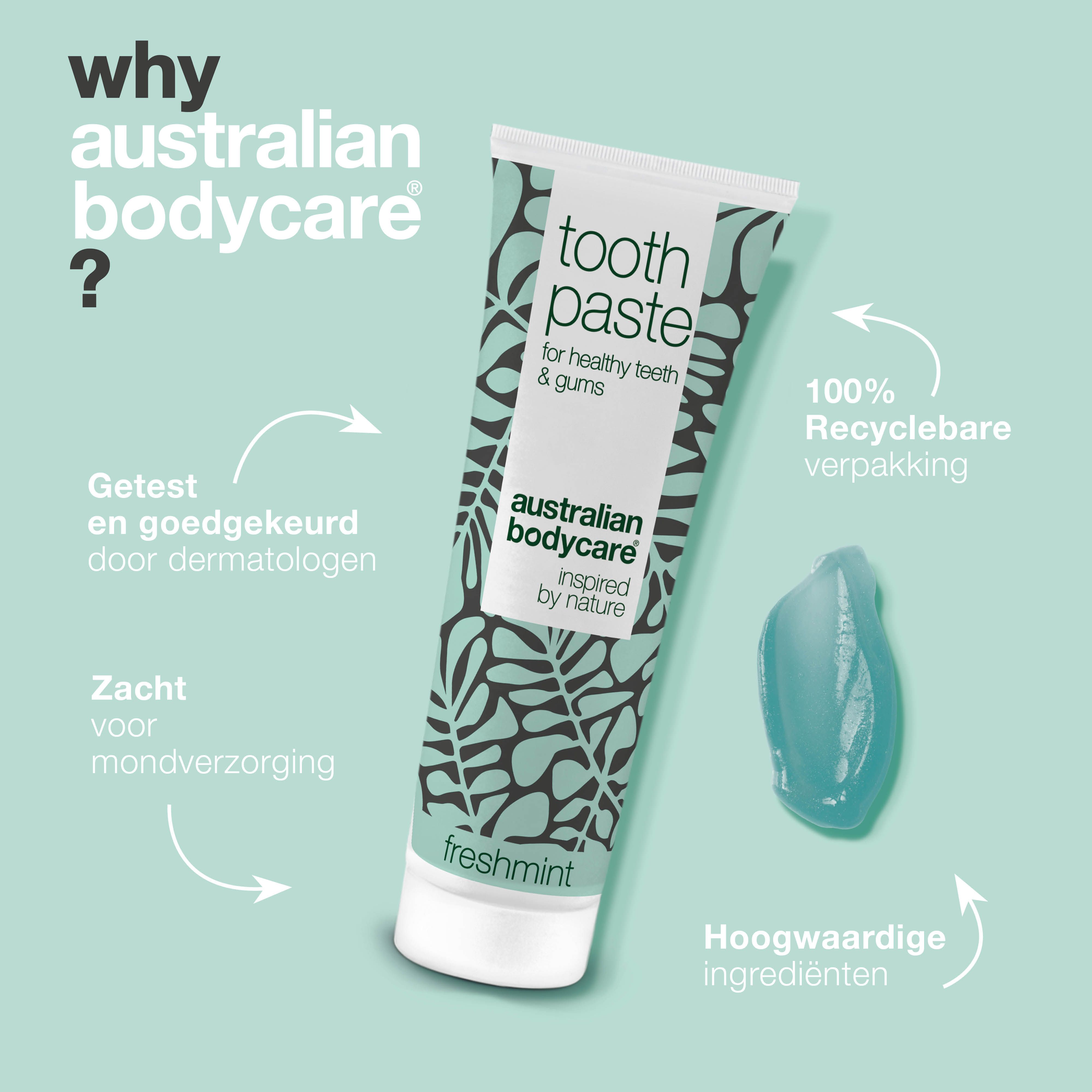 Tandpastatube met bloemenpatroon. Tekst: Toothpaste, voor gezonde tanden & tandvlees, Australian Bodycare, Freshmint. Blauwe pasta.