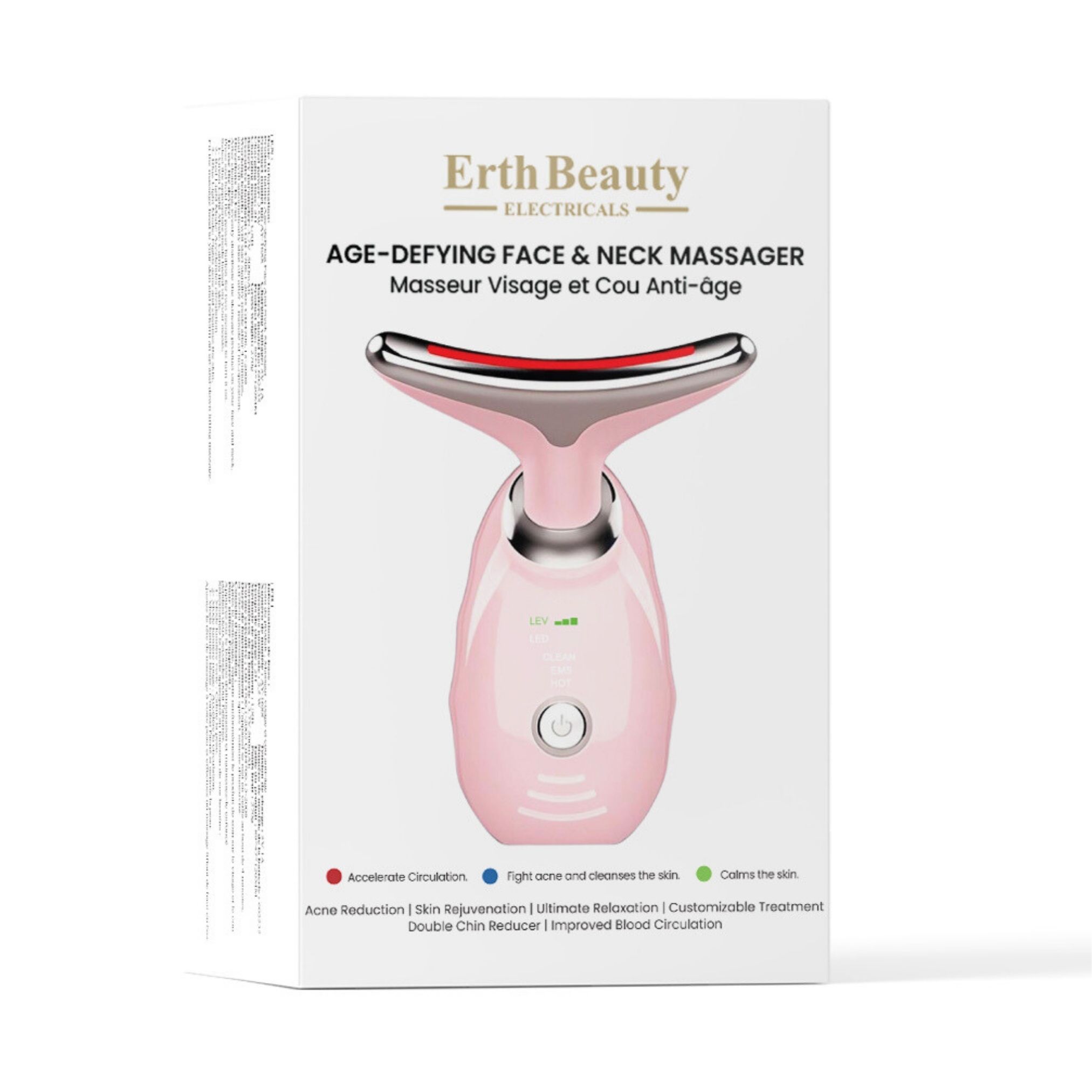 Masseur rose pour visage et cou dans son emballage. Nom et description du produit. Lumières LED.