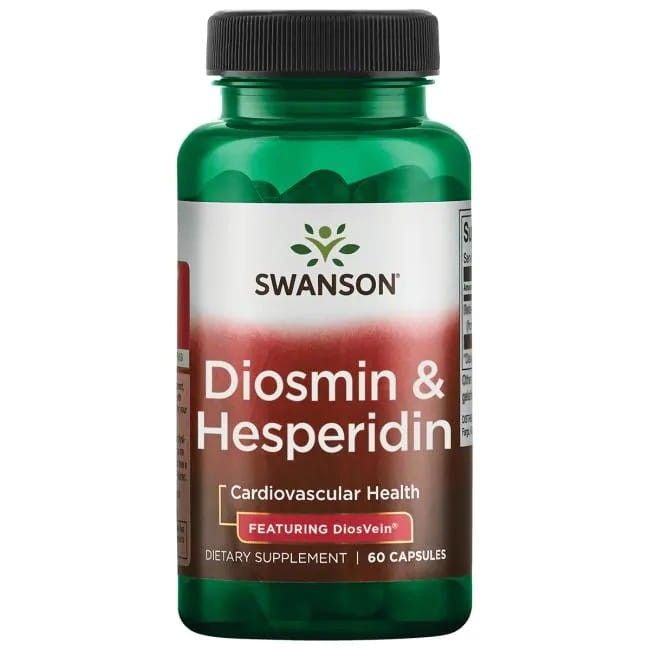 Groene capsulefles met Swanson Diosmin & Hesperidin etiket voor cardiovasculaire gezondheid.