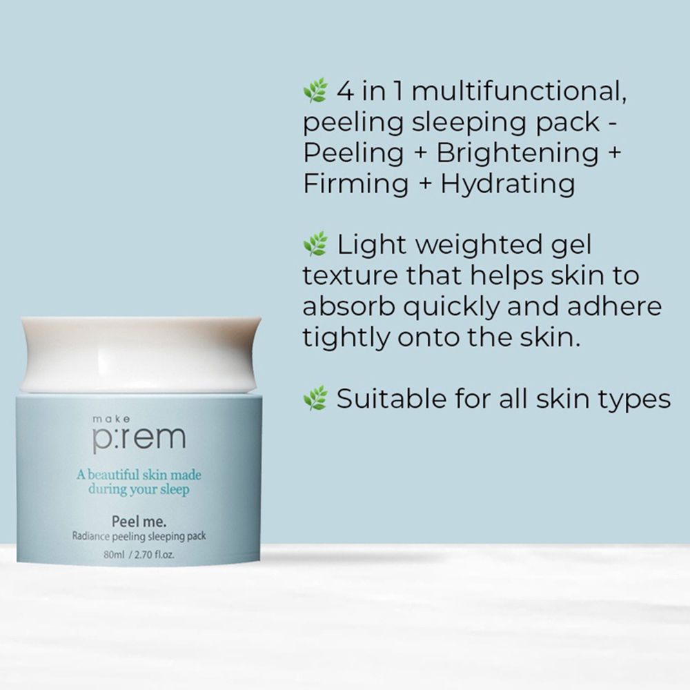 Lichtblauwe pot met tekst. Opschrift: make p:rem, Peel me. Radiance peeling sleeping pack. Tekst over eigenschappen van het product.