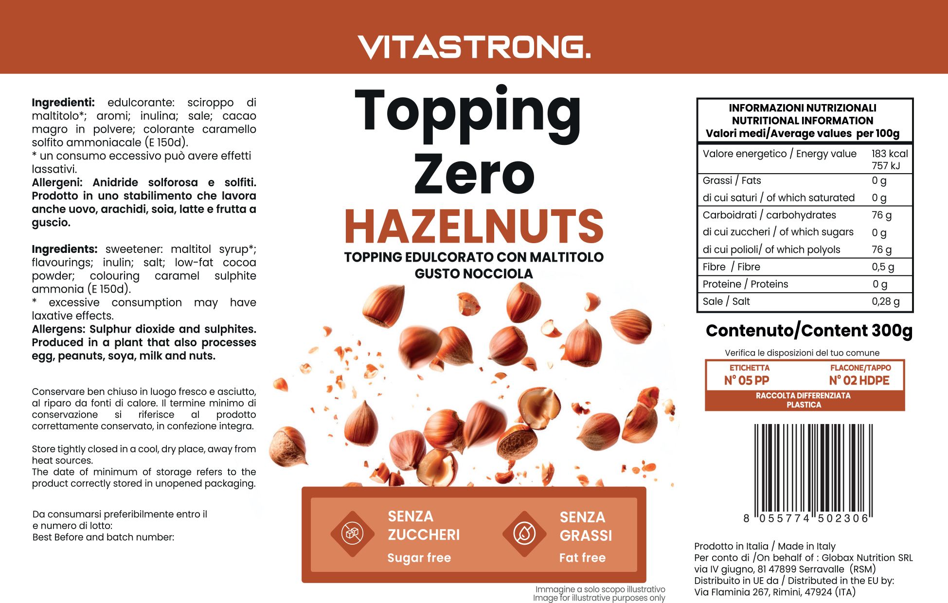 Verpakking van Topping Zero Hazelnuts. Tekst: Suikervrij, vetvrij. Ingrediëntenlijst en voedingsinformatie.