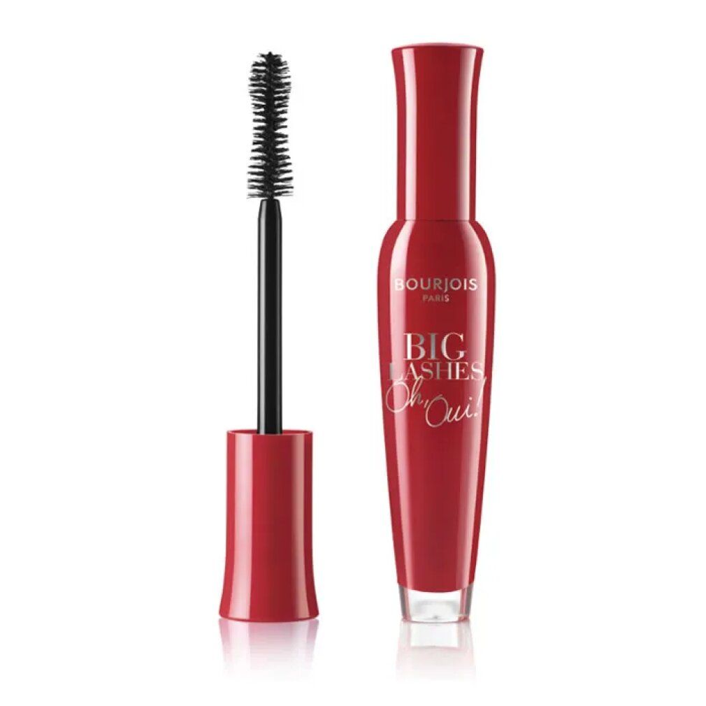 Brosse et flacon de mascara rouge. Inscription : Bourjois Paris, Big Lashes Oui. Brosse noire.