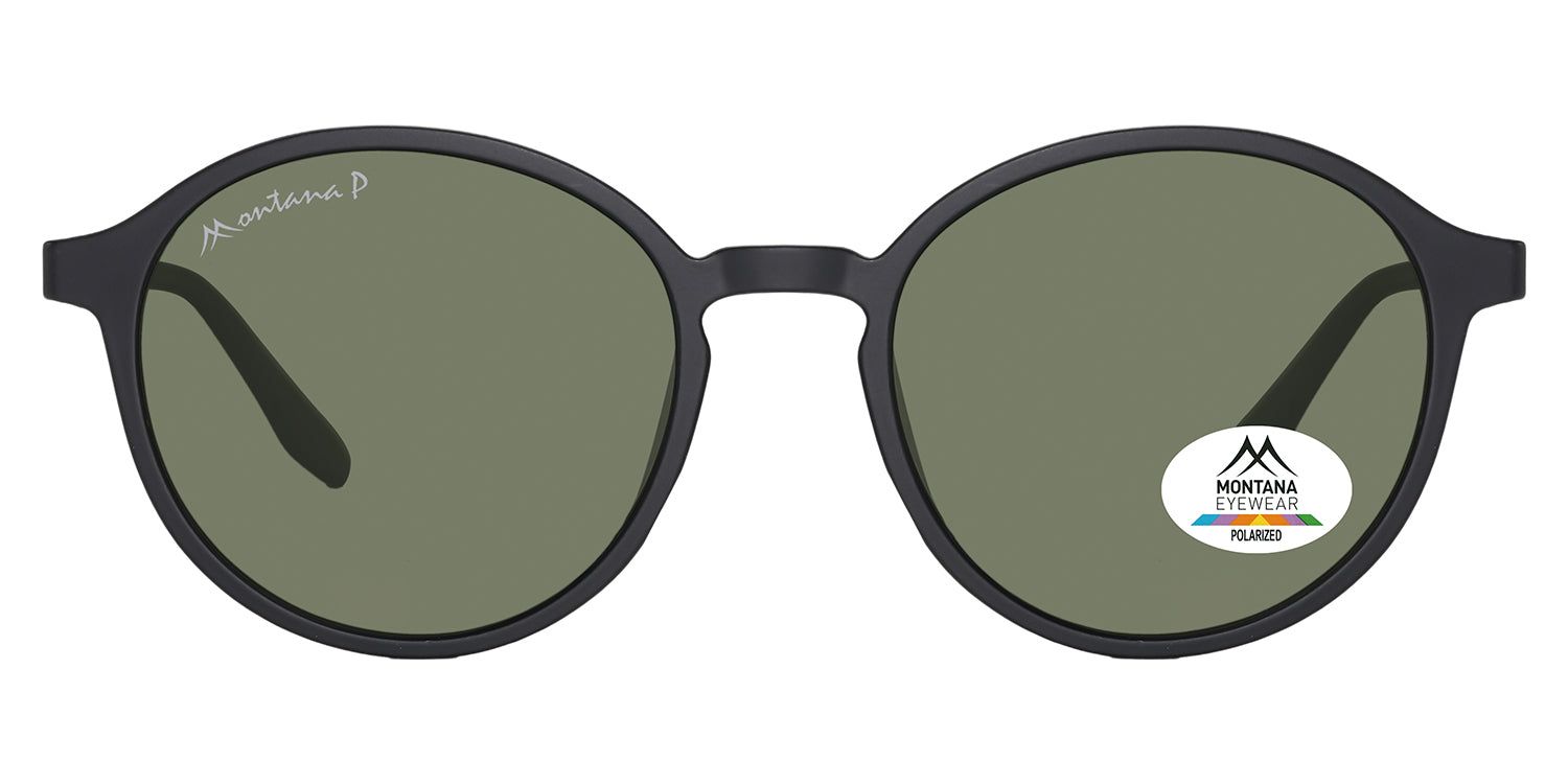 Zwarte ronde zonnebril met groene glazen. Montana Eyewear logo op linkerglas en poot. Gepolariseerde sticker.