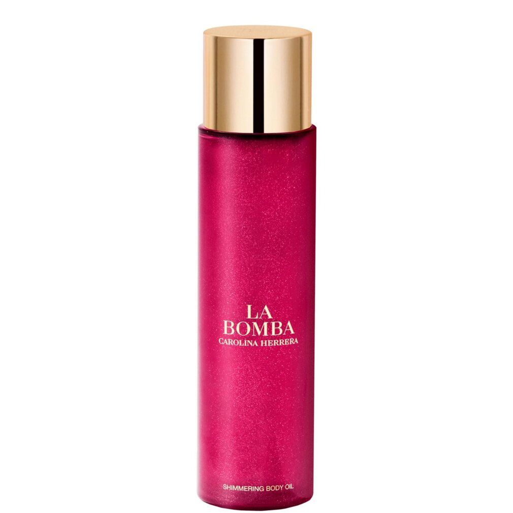 Rode fles met gouden dop. Opschrift: LA BOMBA CAROLINA HERRERA. Tekst: SHIMMERING BODY OIL.