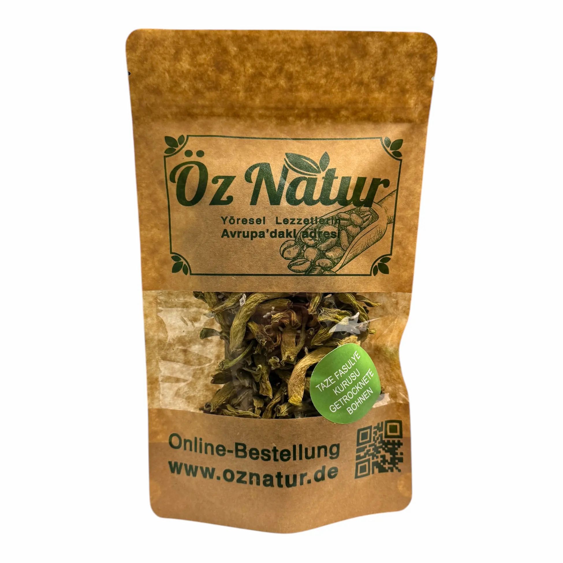Zakje gedroogde groene bonen. Opschrift: Öz Natur, Taze Fasulye, gedroogde bonen. Online bestellen.