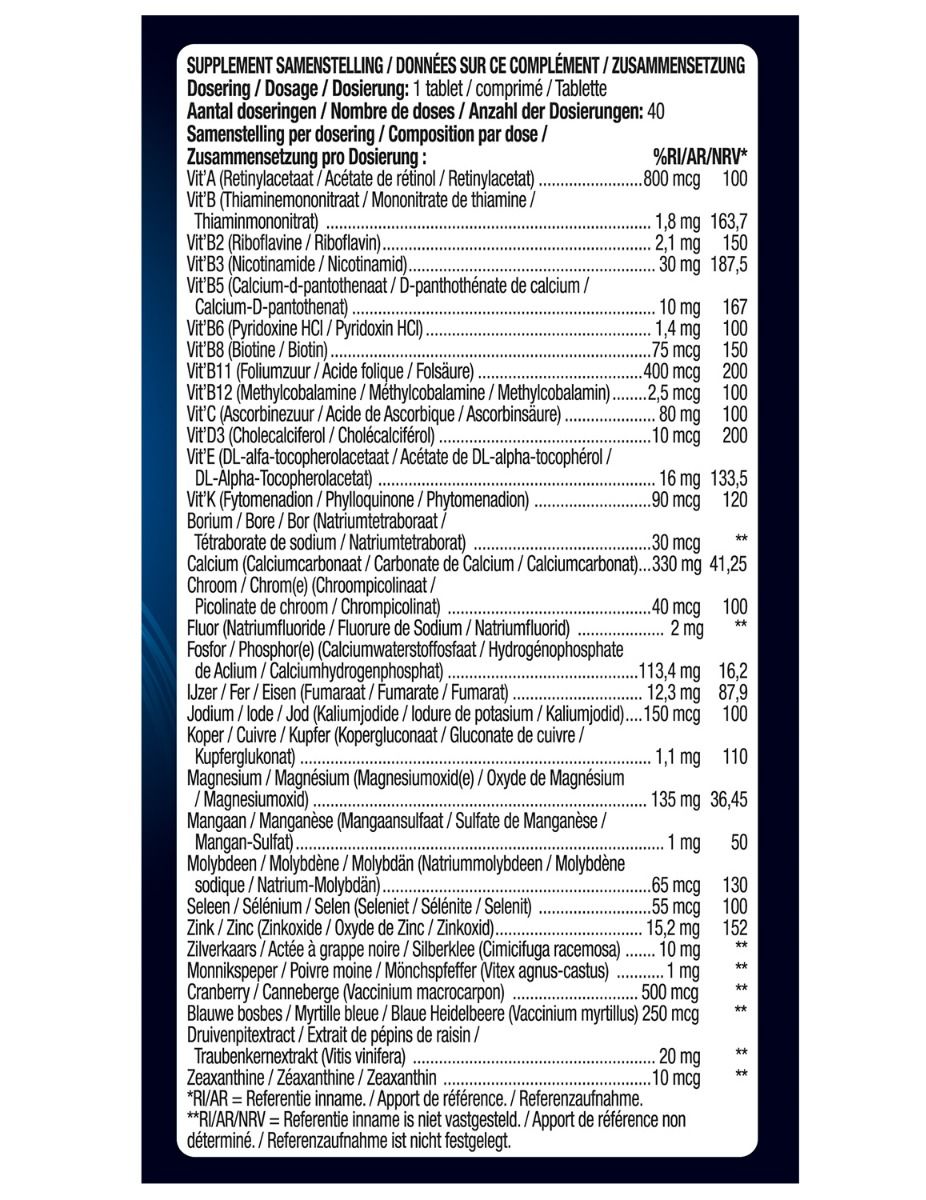 Voedingstabel op blauwe achtergrond. Informatie over vitaminen, mineralen en dosering per tablet. Tekst in meerdere talen.