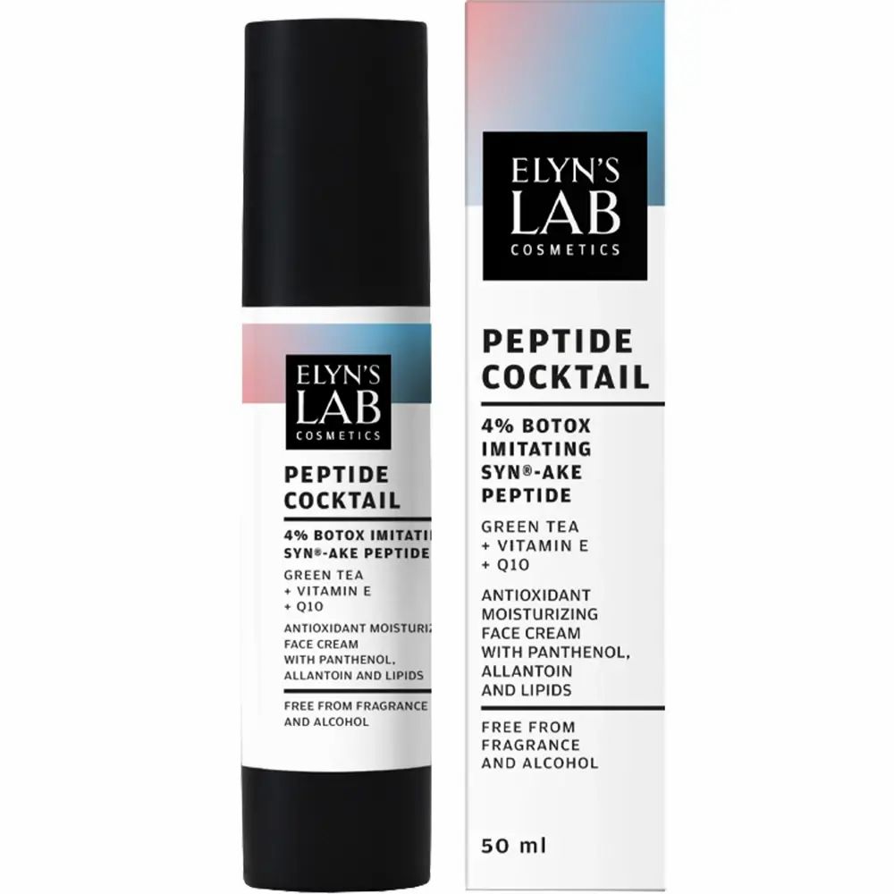 Gezichtscrèmetube en verpakking. Label met productnaam en ingrediënten. Merk: Elyn's Lab. 50 ml.