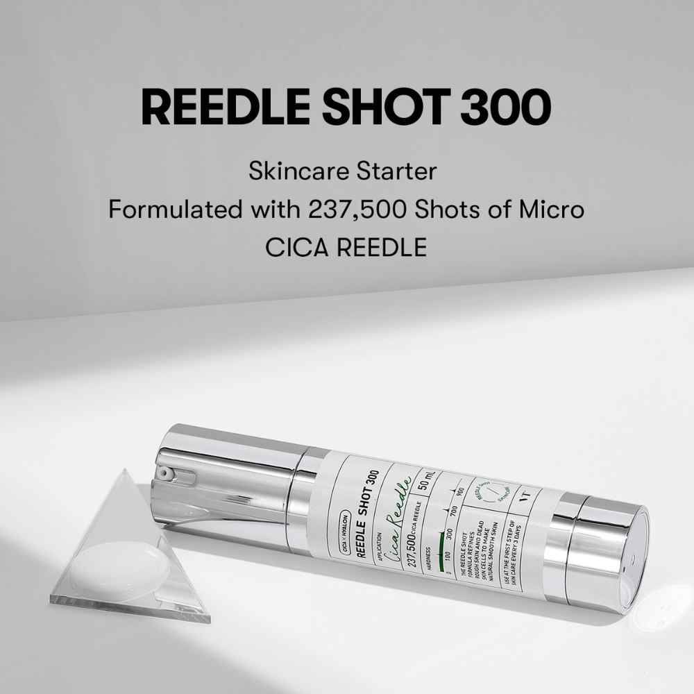 Flacon argenté avec texte: Reedle Shot 300. Texte: Skincare Starter. Produit sur fond blanc.