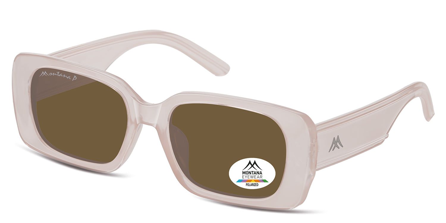Lunettes de soleil à verres bruns et monture claire. Logo Montana Eyewear sur le verre et la branche. Vue en perspective.