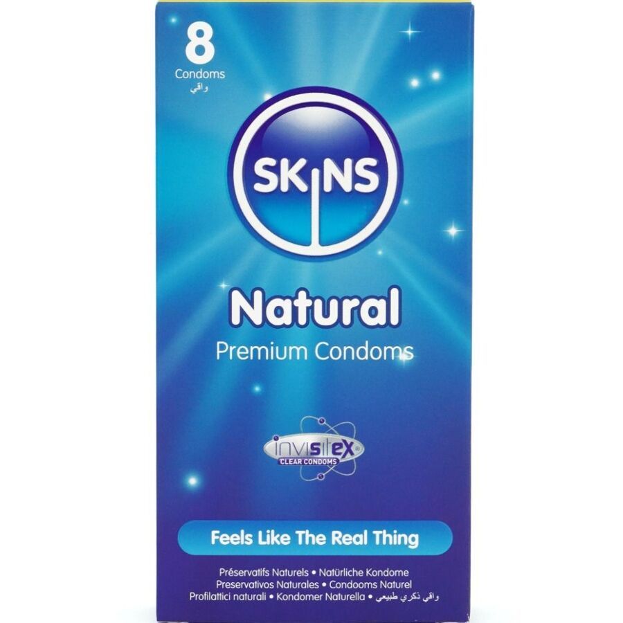 Boîte de 8 préservatifs Skins Natural. Emballage bleu avec logo et nom du produit. Contient Invistex. Inscription en plusieurs langues.