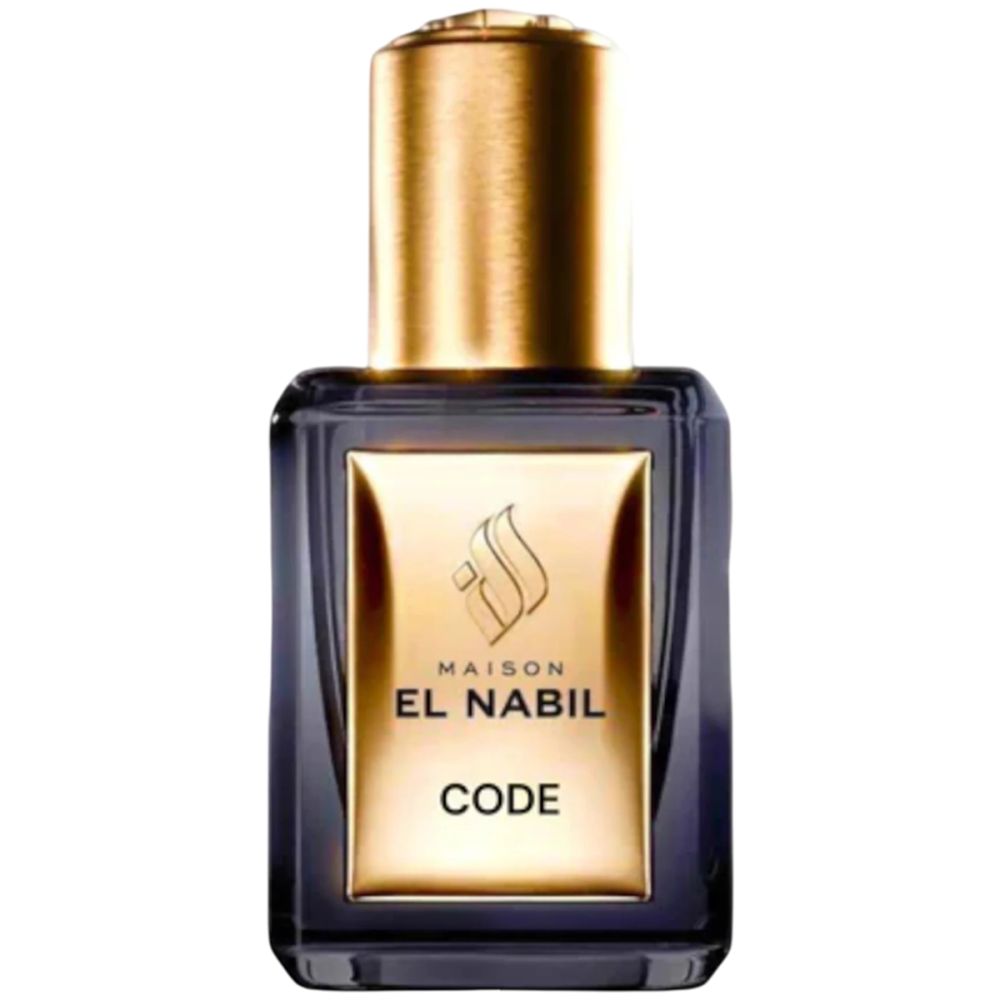 Flacon de parfum bleu foncé avec bouchon doré. Étiquette : Maison El Nabil, Code. Logo doré.