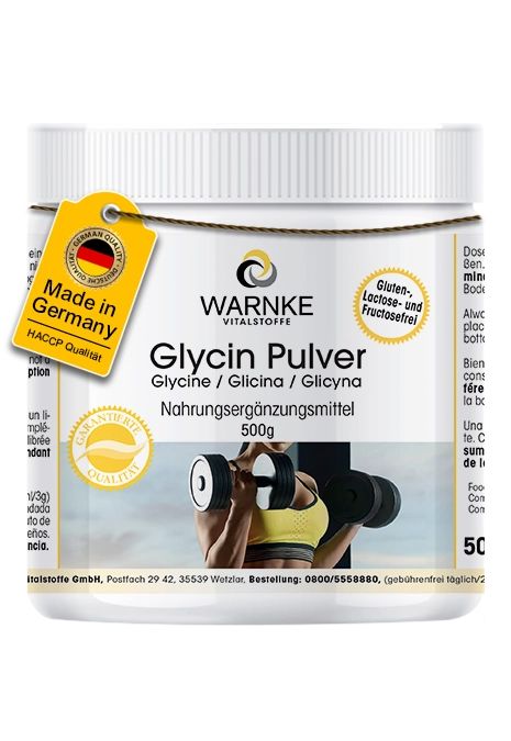Witte Warnke Vitalstoffe poedercontainer met Glycin Pulver. Glutenvrij, lactosevrij en fructosevrij. Made in Germany.