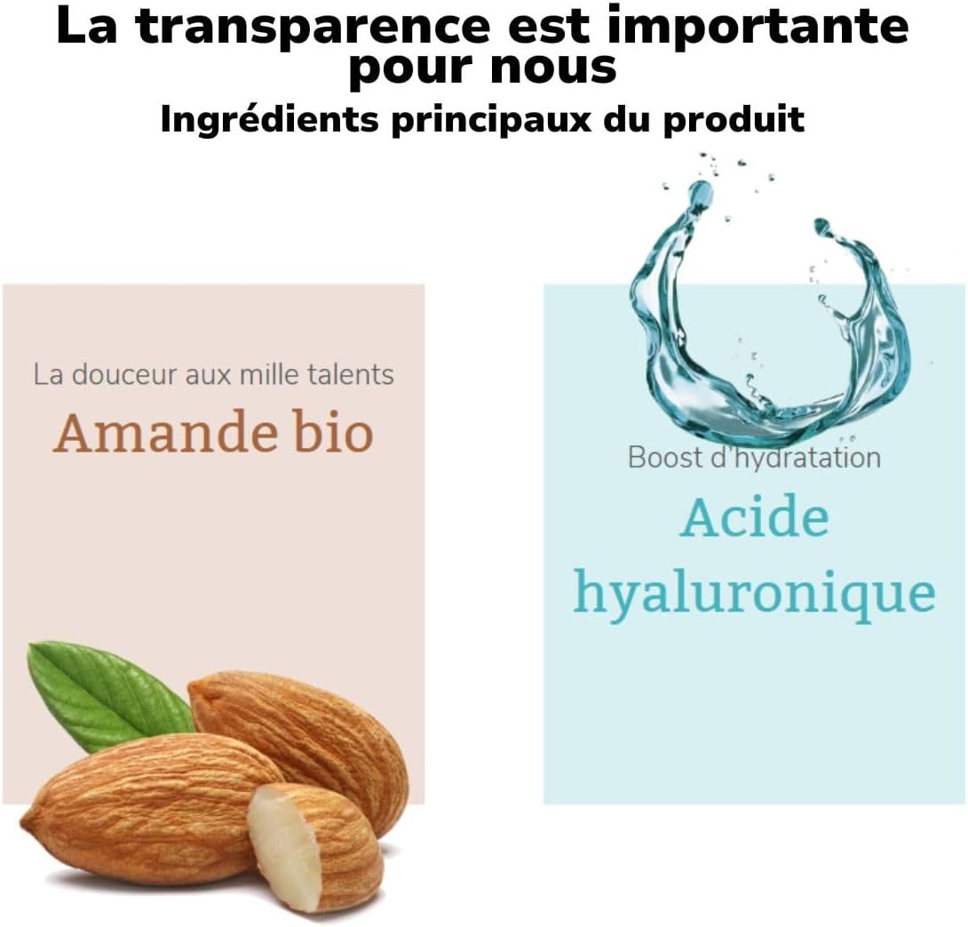 Graphique avec amandes et inscription "Amande bio" et acide hyaluronique avec des gouttes d'eau.