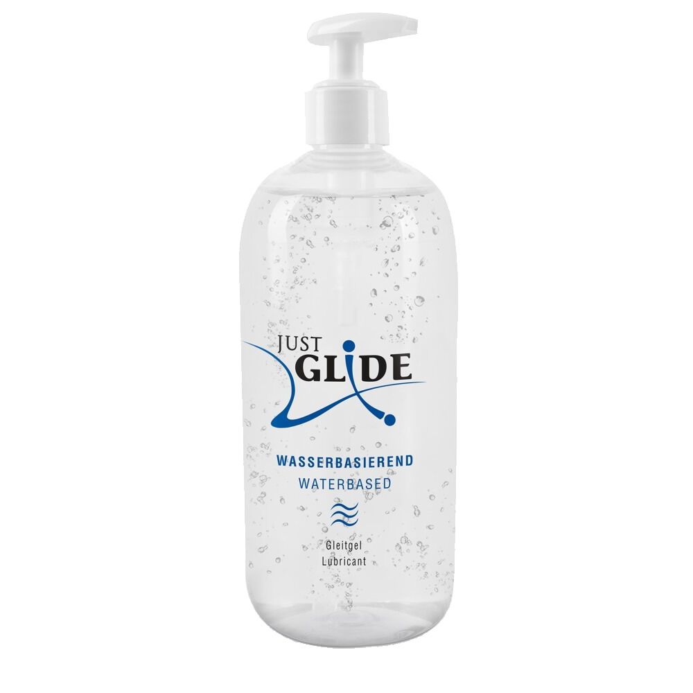 Flacon transparent avec pompe. Inscription : JUST GLIDE, à base d'eau, lubrifiant.