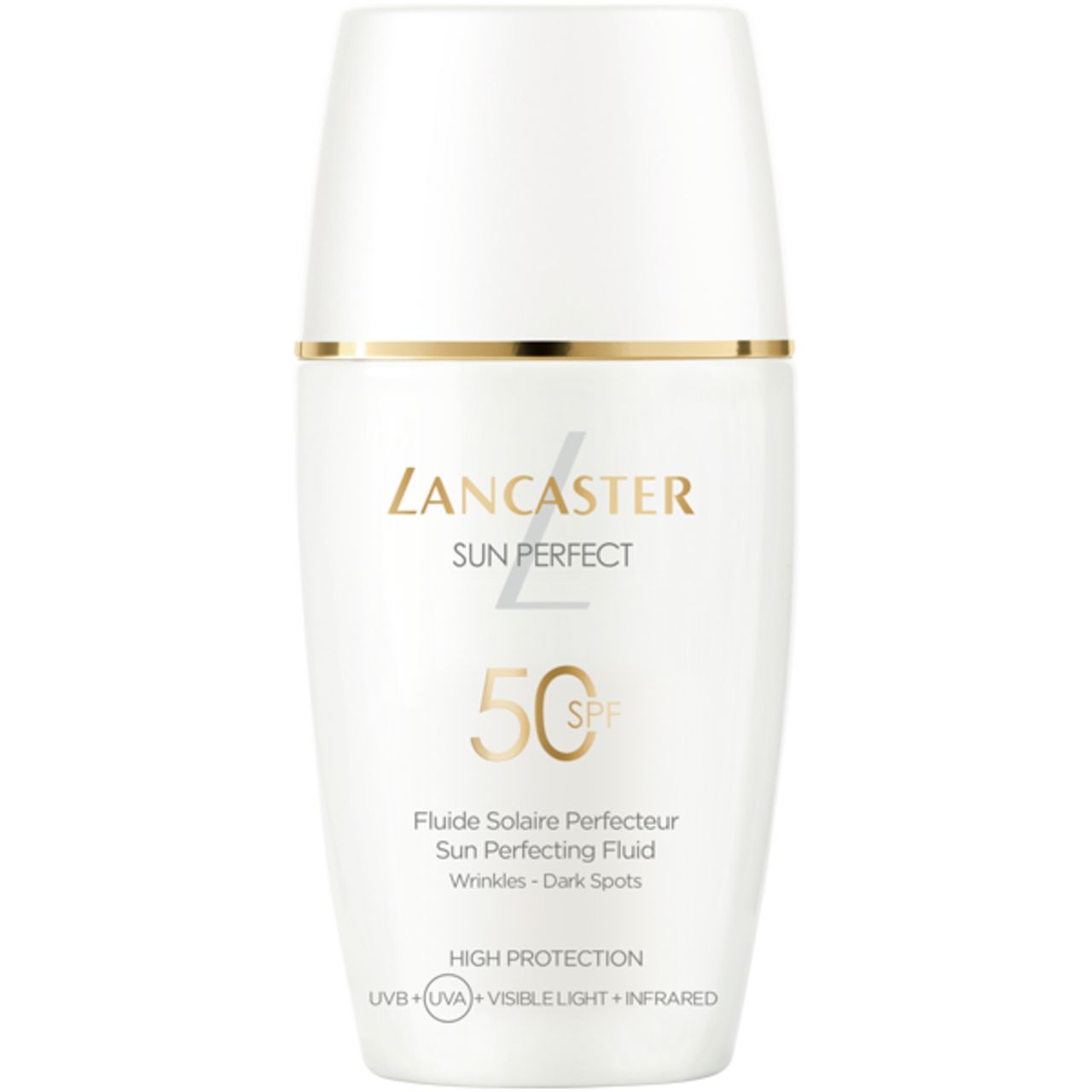 Flacon Lancaster Sun Perfect SPF50 avec accent doré.