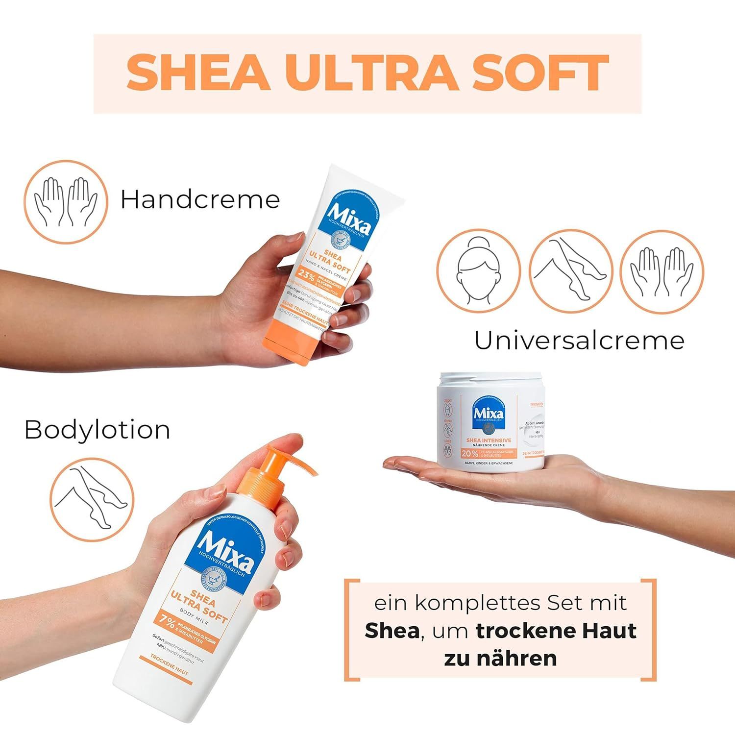Mains tenant différents produits Mixa: crème pour les mains, crème universelle, lotion pour le corps. Texte: ensemble complet.