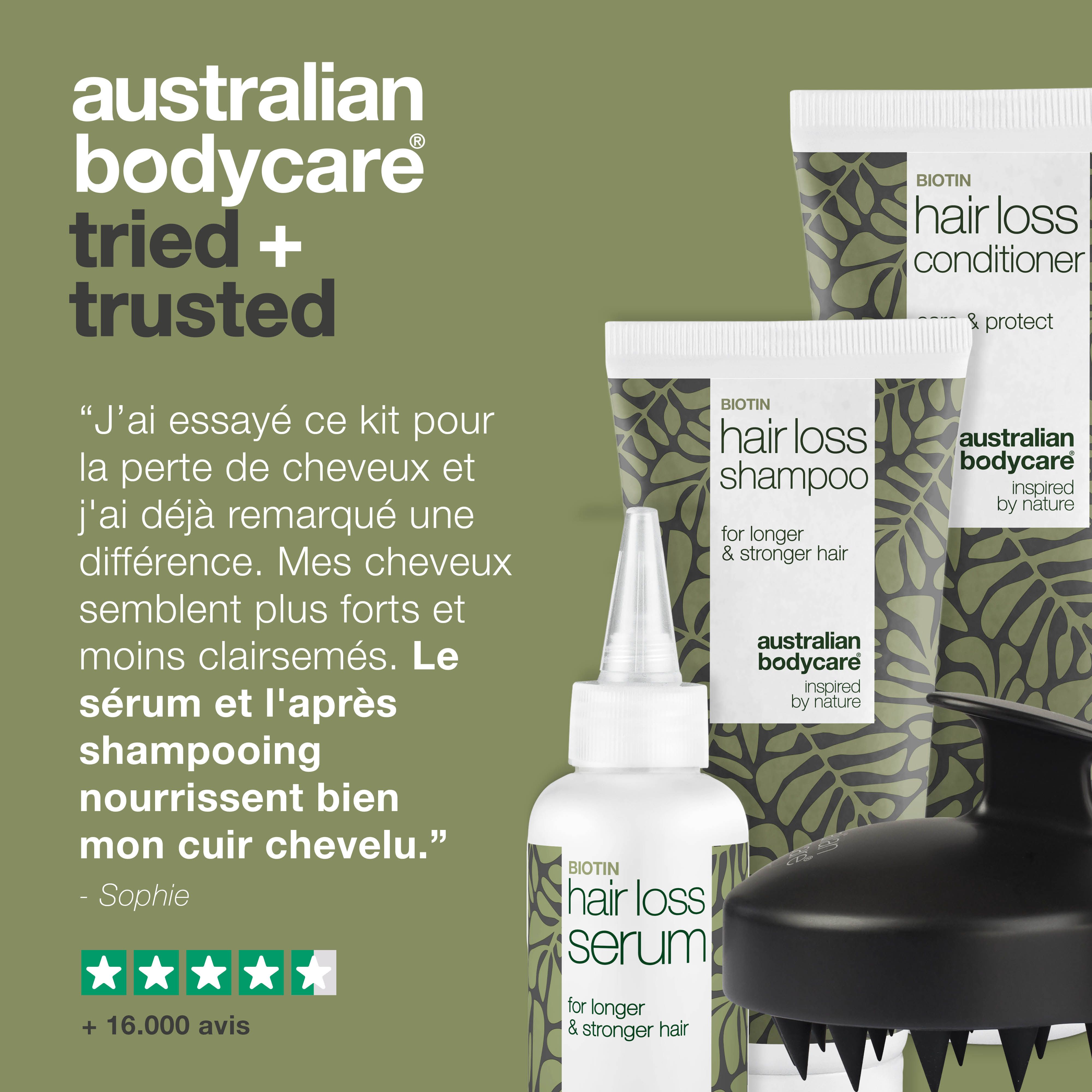 Kit anti-chute de cheveux avec shampooing, revitalisant, sérum et brosse pour le cuir chevelu. Texte : Enfin des cheveux plus sains !