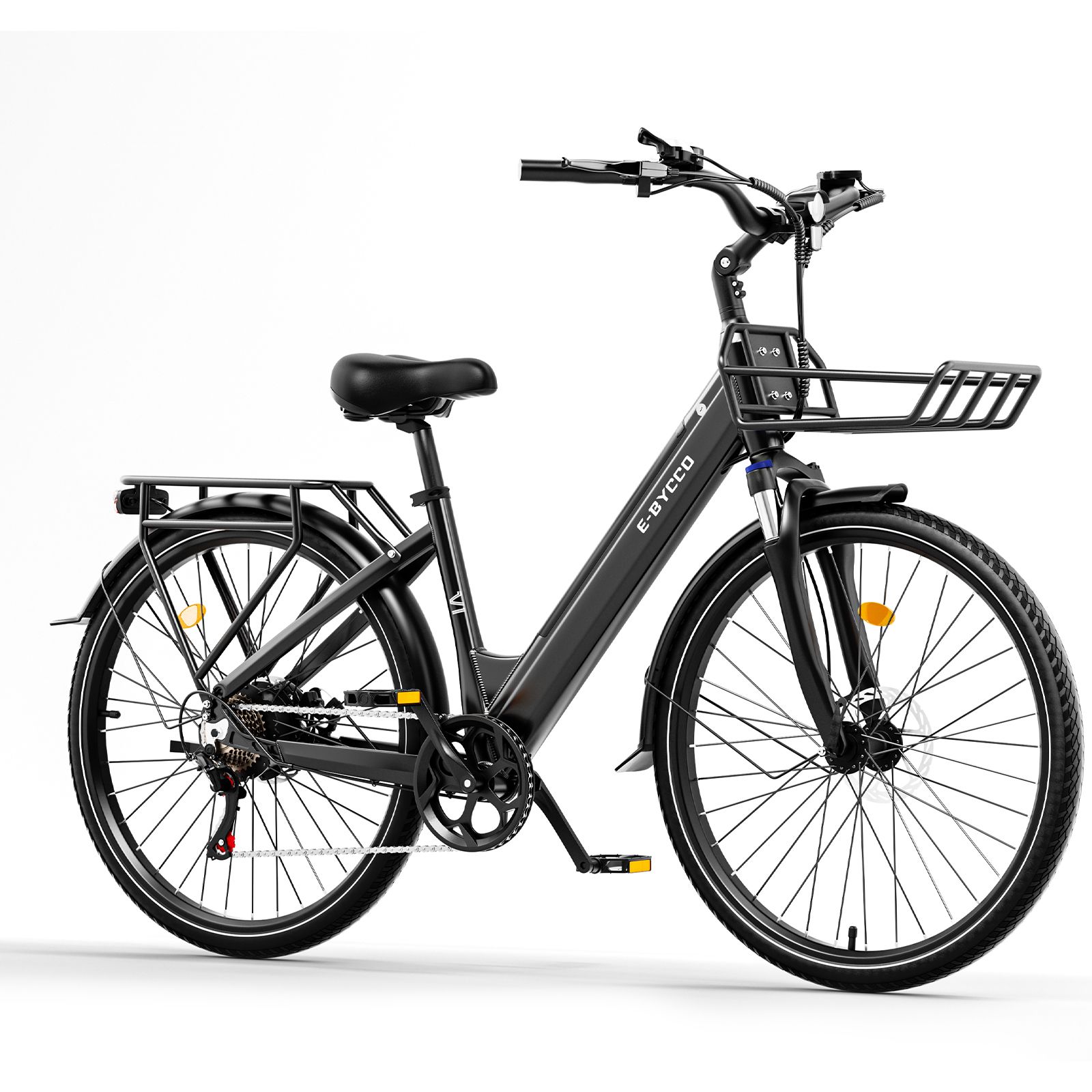 Zwarte e-bike met mand en bagagedrager. Merk E-BYCCO.