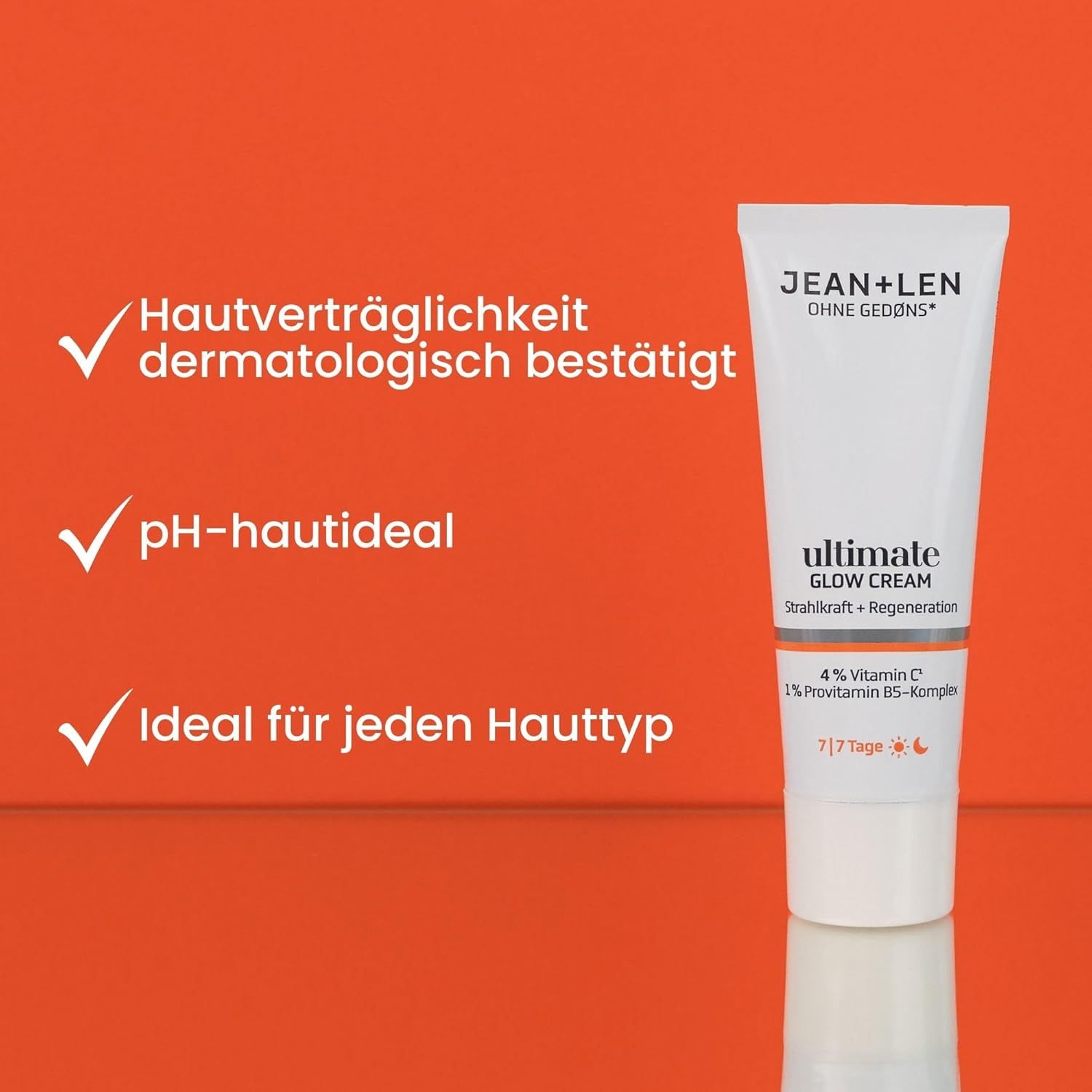 Tube blanc avec nom du produit. Texte: Tolérance cutanée testée dermatologiquement, pH idéal pour la peau, Idéal pour tous types de peau.