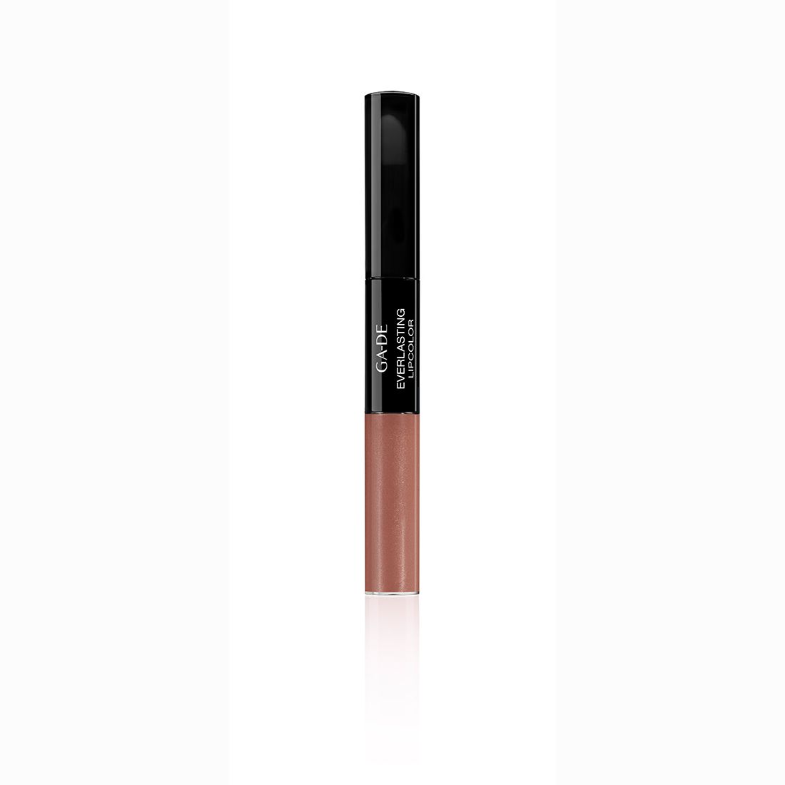 Ga-De Everlasting Lip Color. Tweedelige lippenstift, zwart en beige. Zwarte dop, beige kleur. Opschrift: Ga-De, Everlasting Lipcolor.