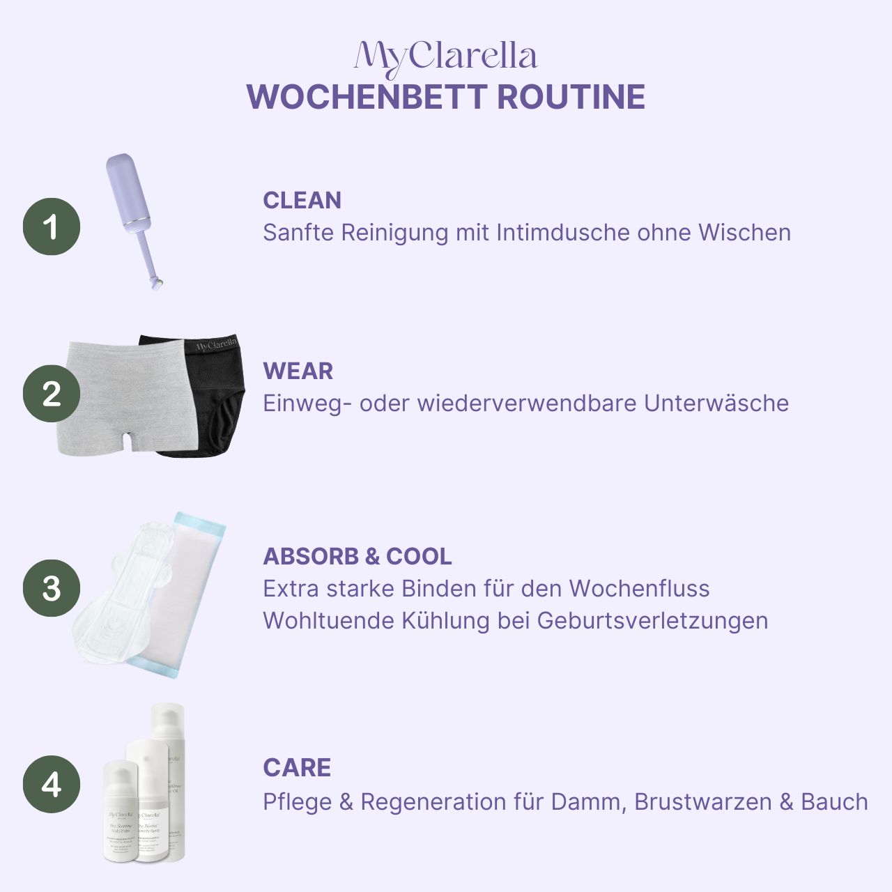 Afbeelding: Kraamperiode routine. Producten: Intieme douche, ondergoed, maandverband, verzorgingsproducten. Merk: MyClarella.