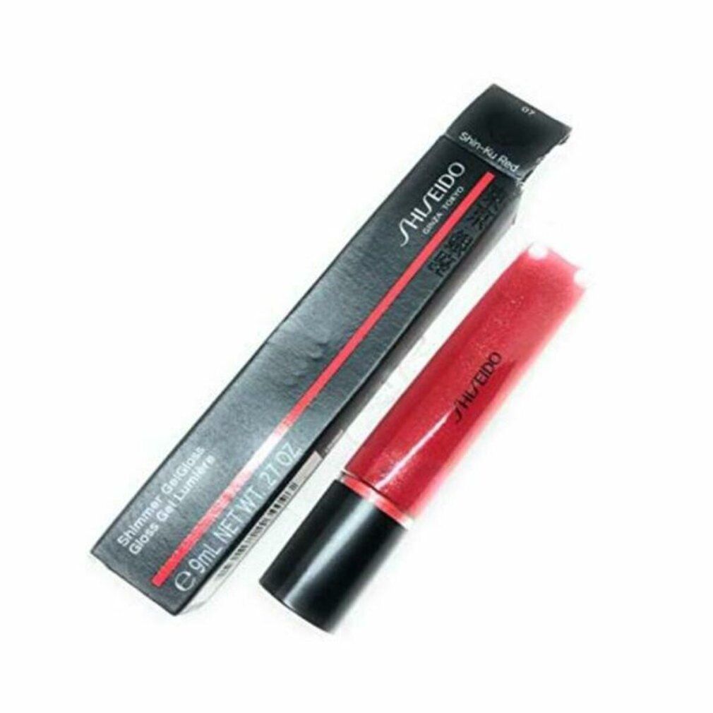 Gloss gel rouge et emballage noir. Shiseido et Shimmer Gel Gloss sont écrits sur l'emballage. 9ml.