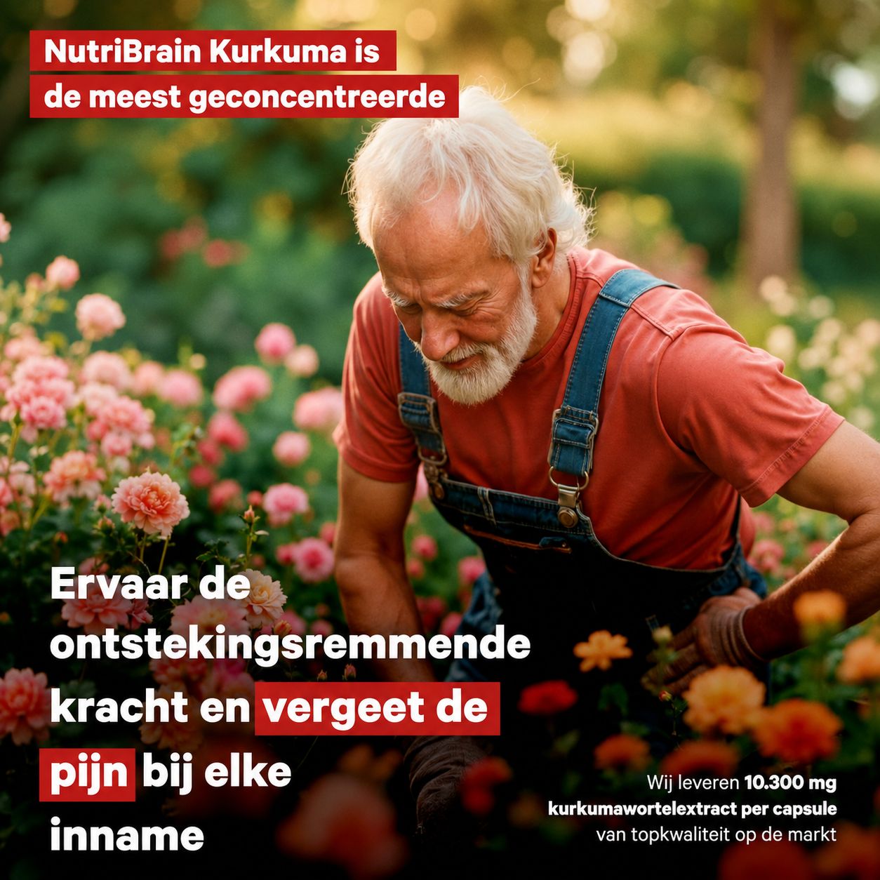Oudere man in tuin met bloemen, tekst over geconcentreerde kurkuma.