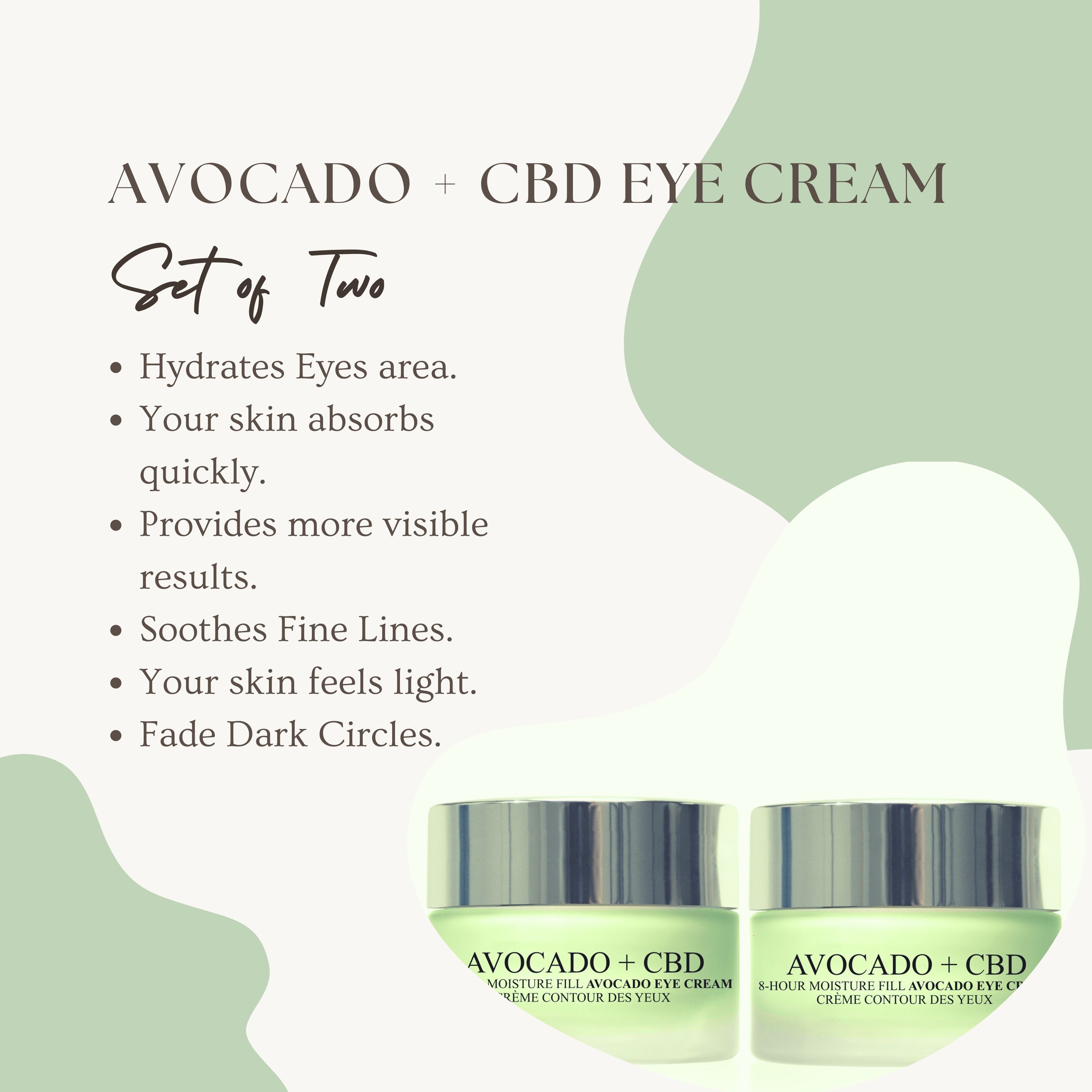 Deux pots de crème pour les yeux avec couvercles. Inscription: Avocado + CBD, 8-Hour Moisture Fill Avocado Eye Cream, Crème Contour des Yeux. Texte: Set of Two.