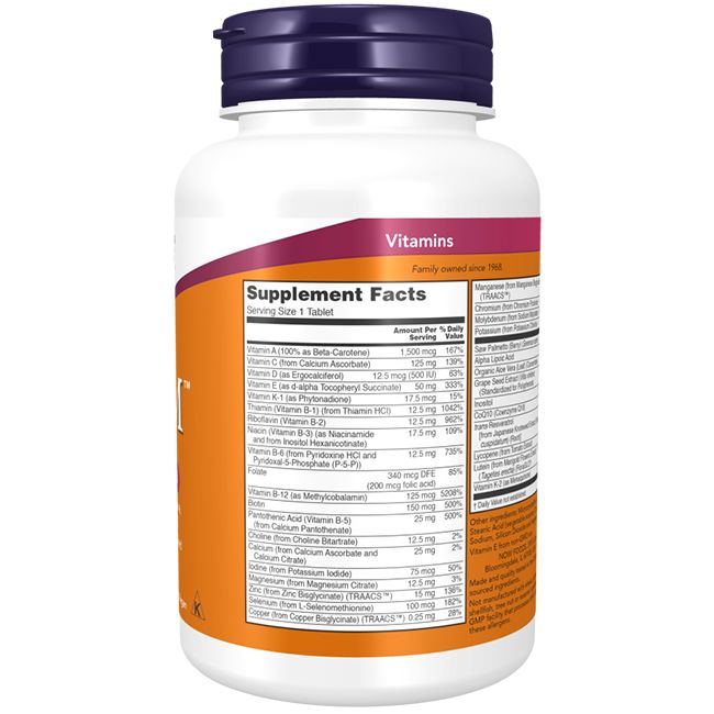 Flacon blanc avec étiquette orange. Contient des comprimés ADAM Men's Multiple Vitamin. Informations nutritionnelles au dos.