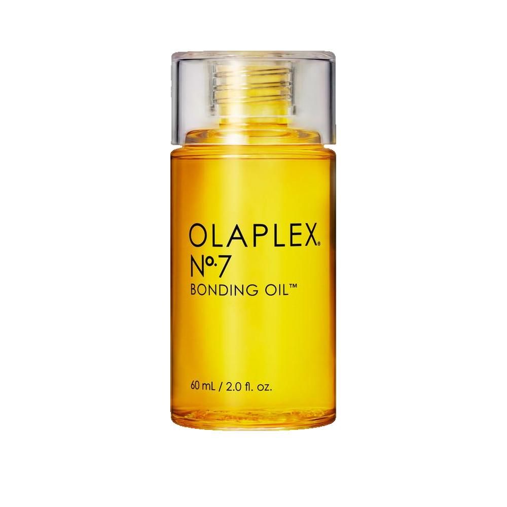 Olaplex Nr. 7 Bonding Oil. Transparante fles met gele olie. Transparante dop. Volume-aanduiding: 60ml/2.0 fl. oz.