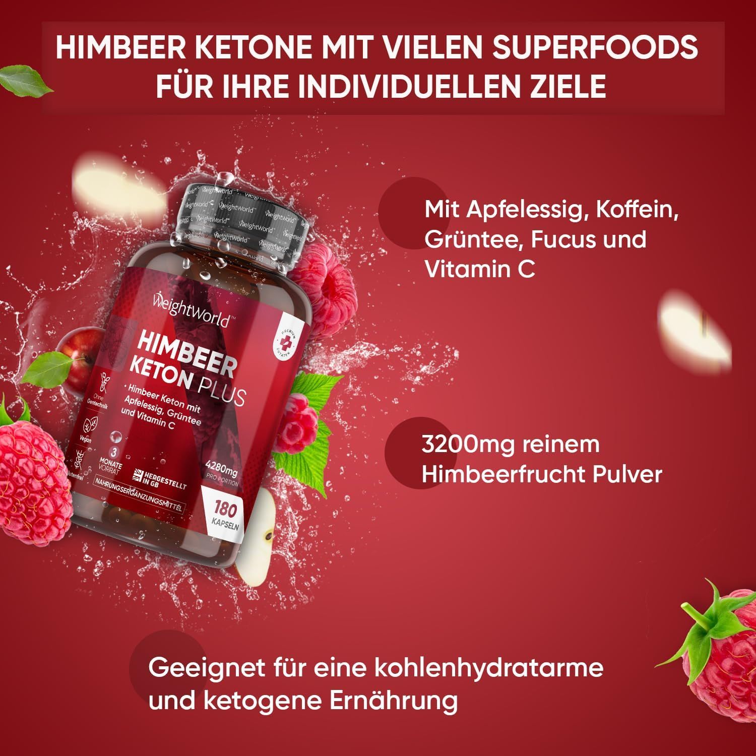 Bouteille de Cétones de Framboise Plus avec des framboises et des tranches de pomme. Texte : Cétones de framboise avec de nombreux superaliments pour vos objectifs.