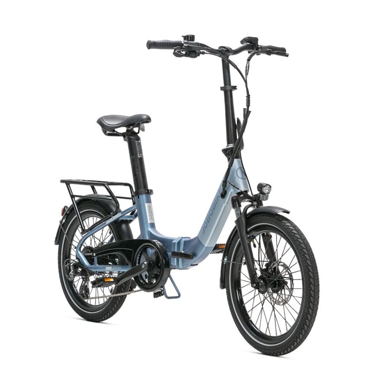 JOBOBIKE Ace Pro e-bike, lichtgrijs. Zwarte banden, bagagerek, zadel en stuur. JOBOBIKE-opschrift.