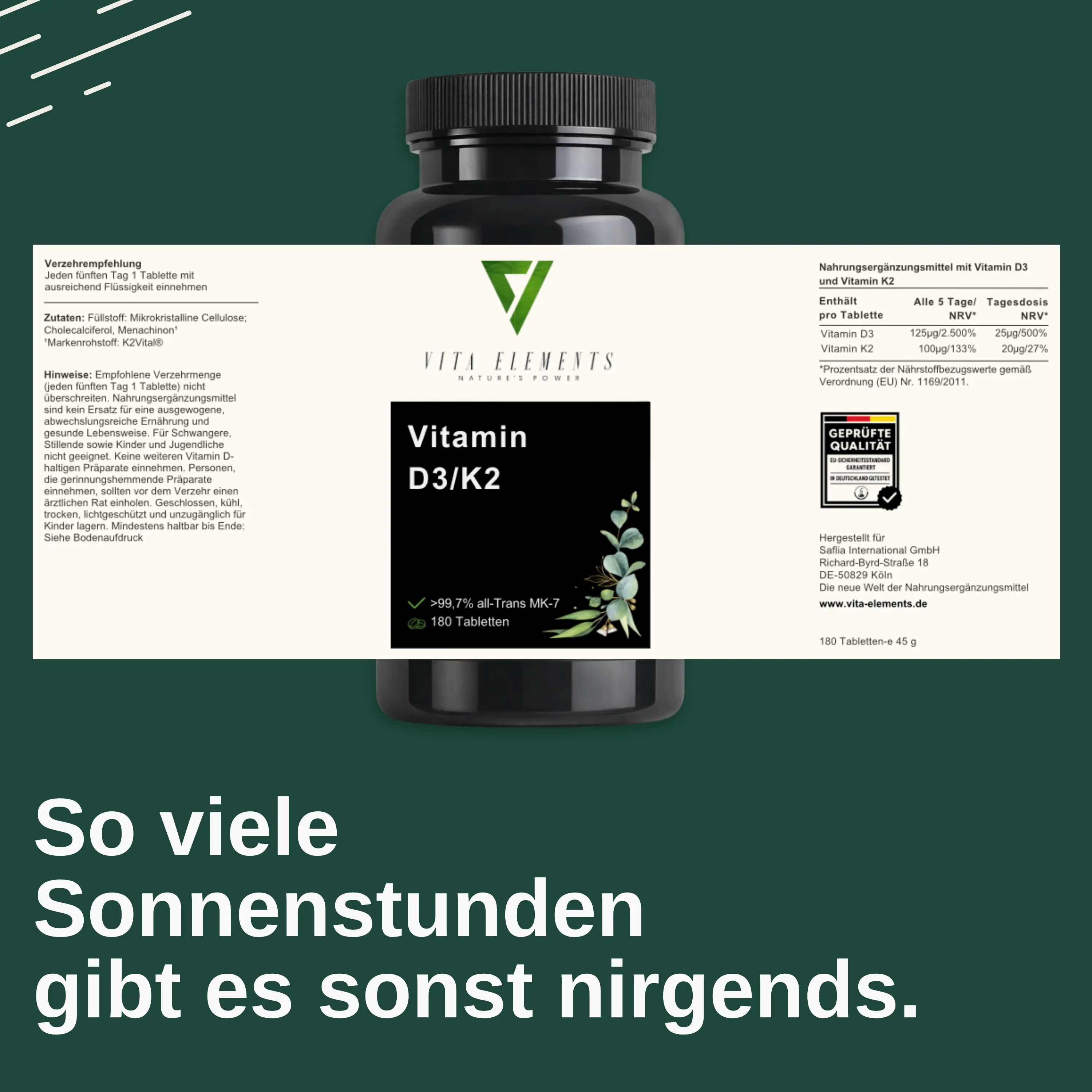 Étiquette Vita Elements Vitamine D3/K2 : Contient >99,7% all-Trans MK-7, 180 comprimés. Qualité certifiée.