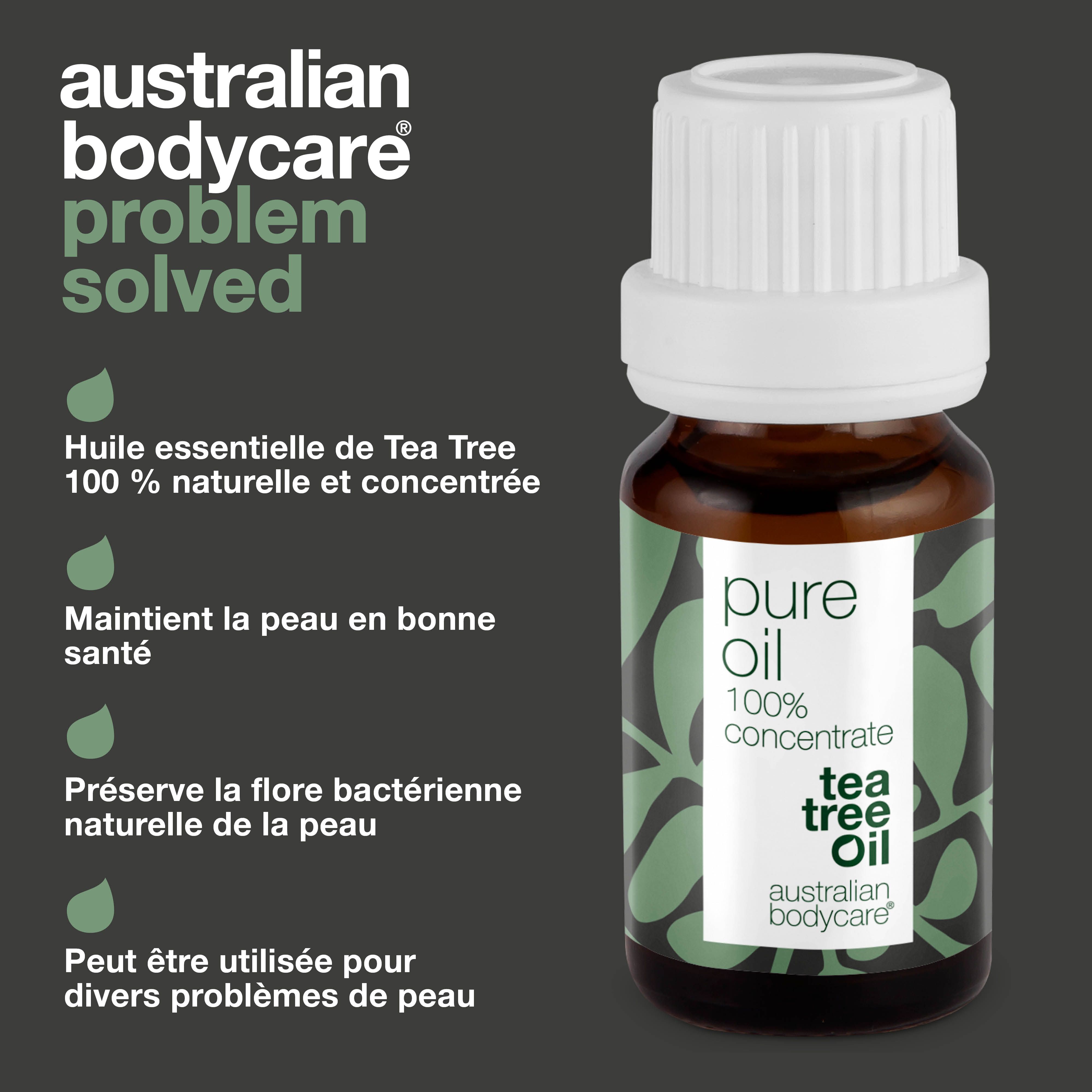 Graphique: problème résolu. Flacon avec texte: pure oil, 100% concentrate, tea tree oil, australian bodycare. Texte et gouttes.